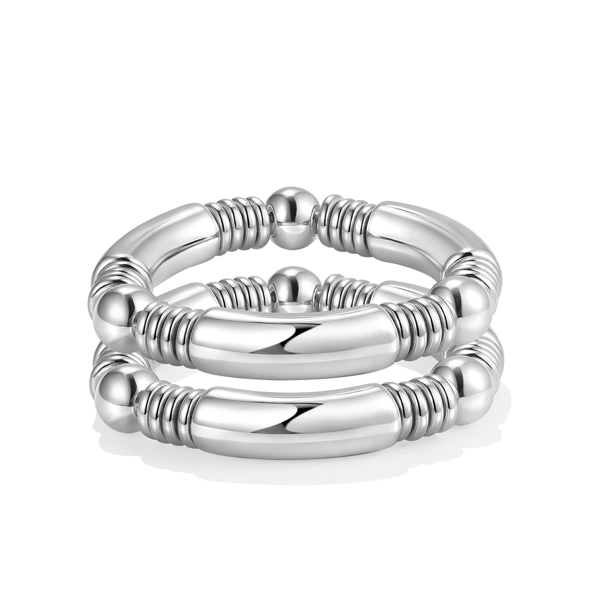 Silver Bangles Bracelet for Women Chunky Curved Stacking Plated Bead Ball Stretchable Bracelets (2PCS)