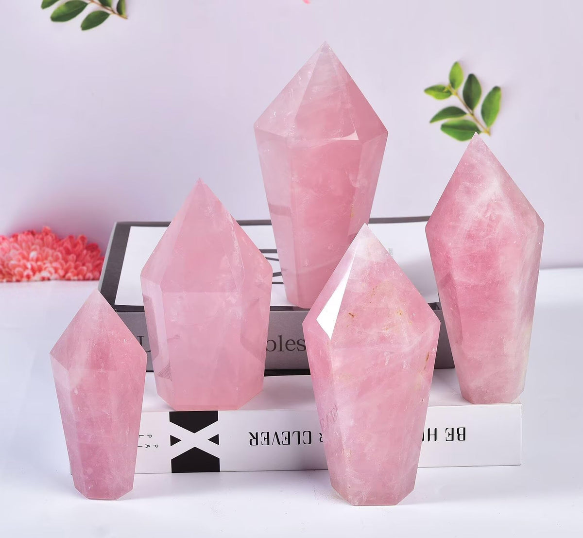 VIZYTOU Rose Quartz Tower Healing Crystal Quartz Obelisk Point Pink Stone Wand Reiki Healing Meditation Rock 1.1-1.7 LBS