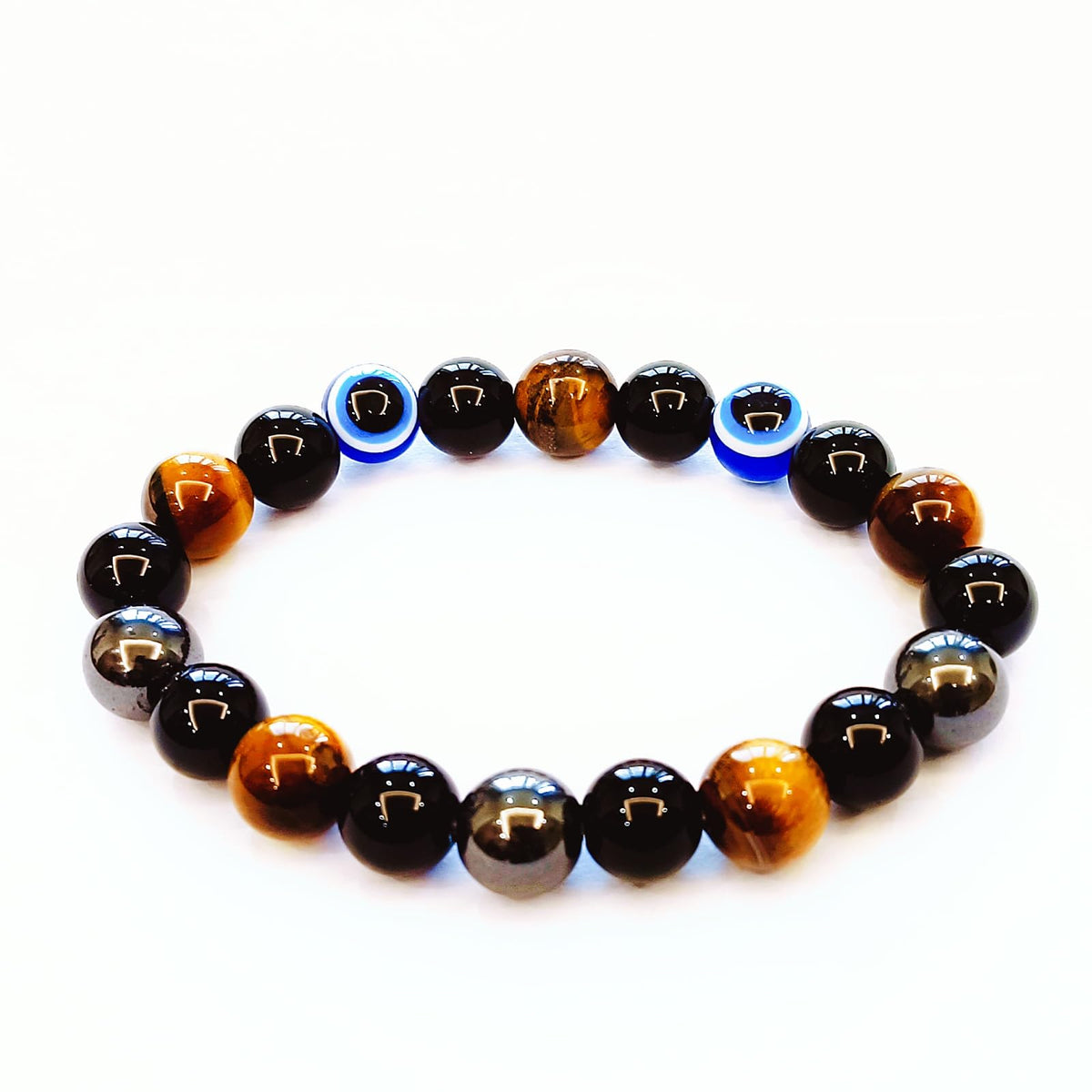 WEFRIN Evil Eye with Hematite Black Obsidian Tiger Eye Stone Triple Protection Bracelets for Men Women, Crystal Healing Stone Bracelet Bring Luck Prosperity and Happiness Jewelry (D-10mm)