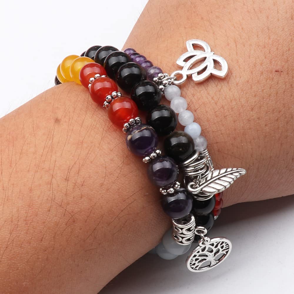 UEUC Natural Gemstone Chakra Bracelets for Women, Multilayer Tree of Life Lotus Crystal Healing Stone Bracelet Sets, Yoga Meditation Reiki Relax Bracelets for Stress Relief(#81)