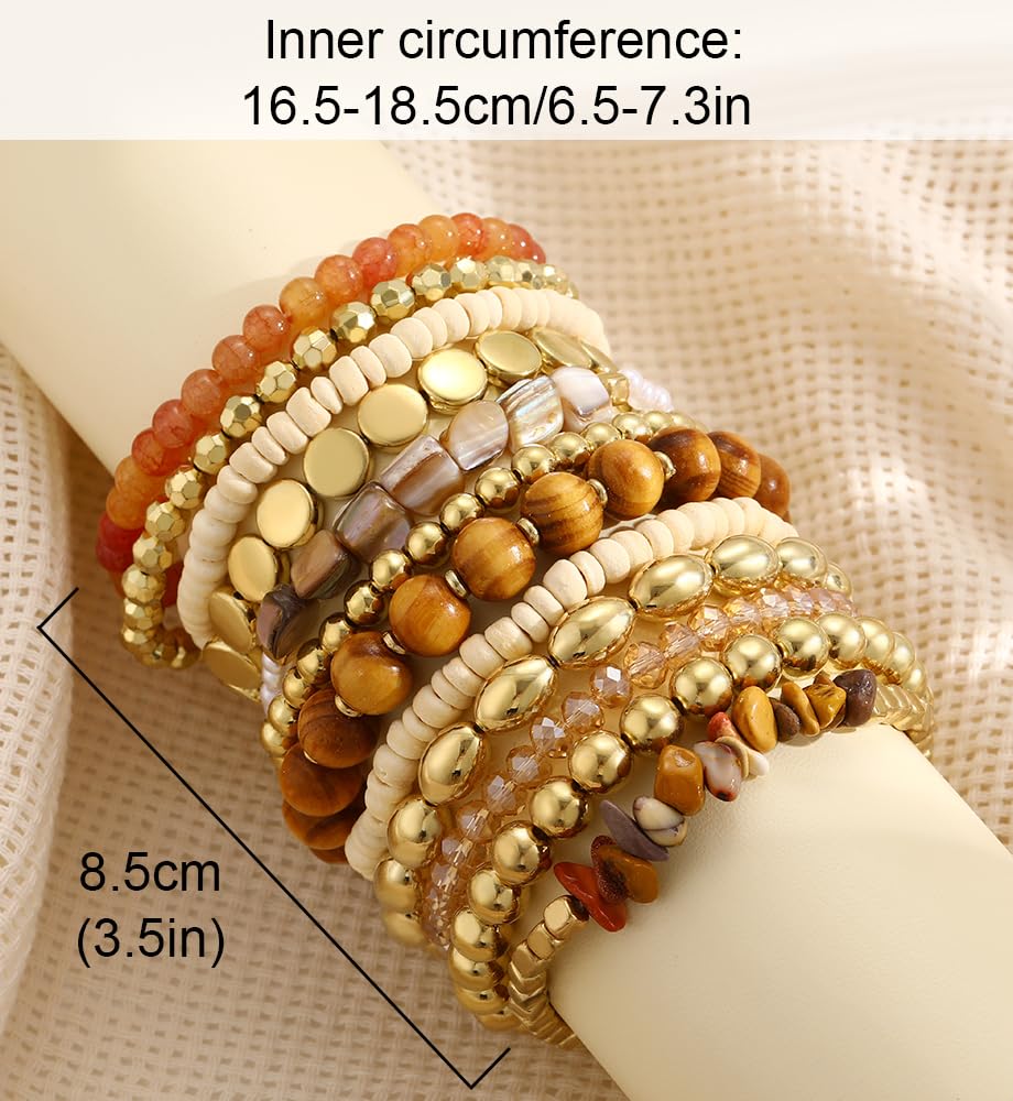 iF YOU 12 Pcs Boho Beaded Bracelets for Women, Brown Bohemian Stackable Gold Bead Stretch Bracelets Stack Beach Jewelry Gift (Brown-12 pcs)
