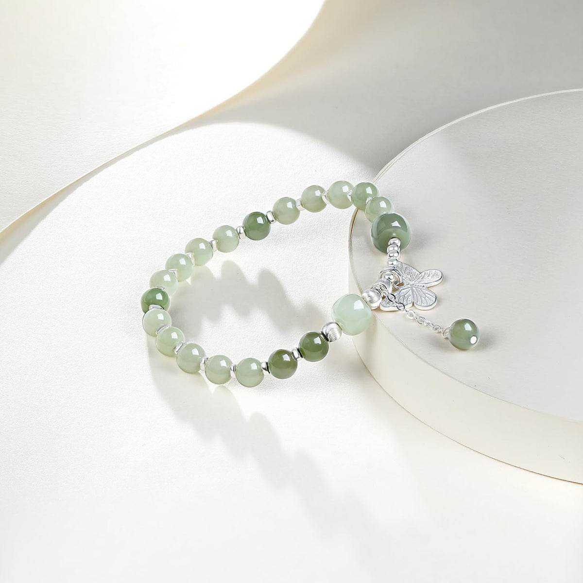 ZHOU LIU FU Sterling Silver Jasper Beaded Bracelets for Women S925 Silver Green Gemstone Bead Butterfly Stretch Bracelet Mom Birthday