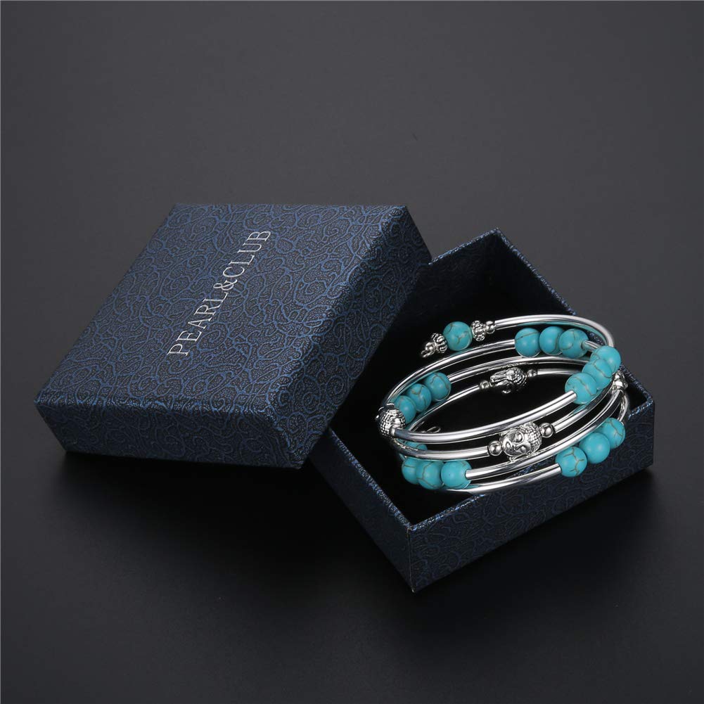 PEARL&CLUB Beaded Chakra Bangle Turquoise Bracelet - Fashion Jewelry Wrap Bracelet with Thick Silver Metal and Mala Beads, Birthday Gifts For Women(58-Turquoise)