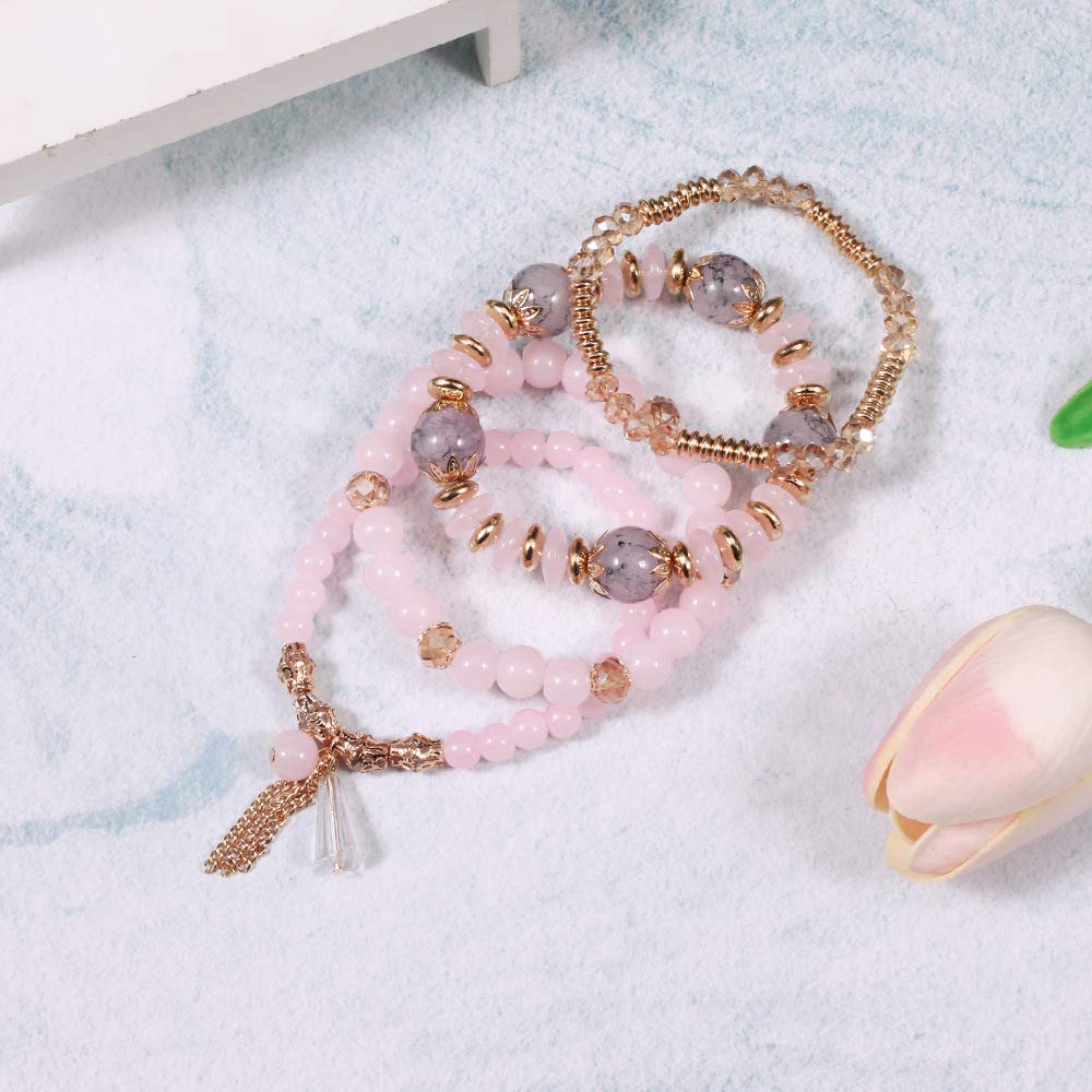LOTSOF Bohemian Green Jade Stackable Bracelet Set - 4-Layer Stretch Beaded Bracelets with Gold Accents, Boho Jewelry for Women, Fashion Statement Accessory (Gift Ready) (Pink)