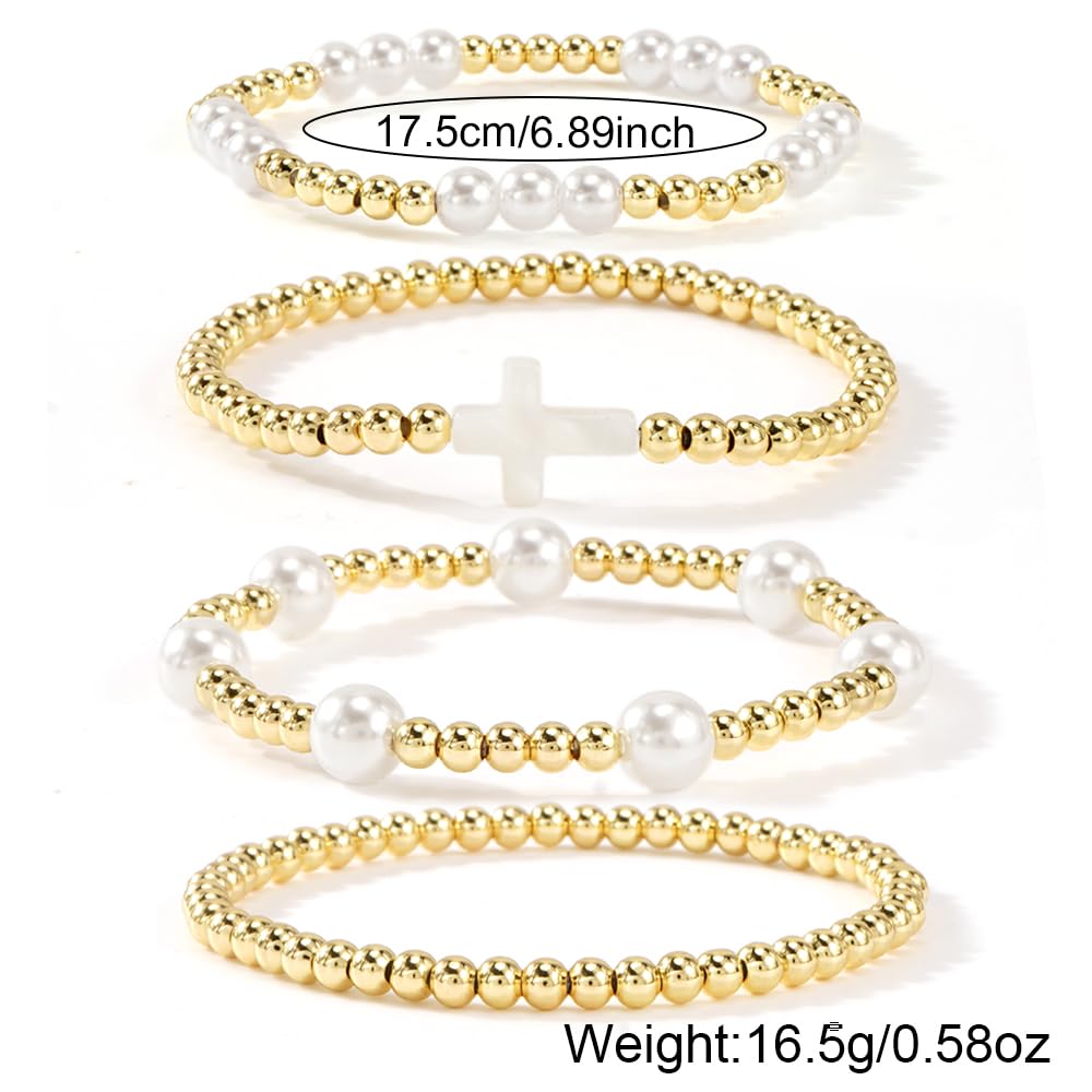 Bohxantium Stackable Gold Beaded Bracelets for Women - Stretch 14K Gold Beads Boho Pearl Cross Bracelet Stack Non Tarnish Trendy Jewelry Set Friendship Christian Gift for Women