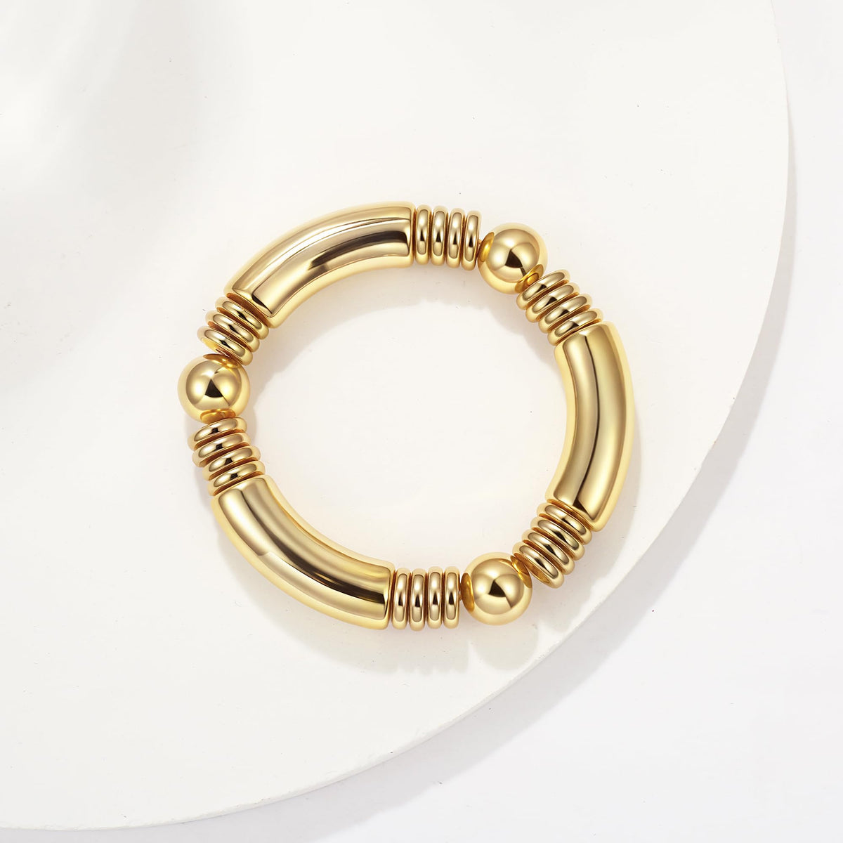14K Gold Plated Bangles Bracelet for Women Chunky Curved Stacking Plated Bead Ball Stretchable Bracelets (1PCS)