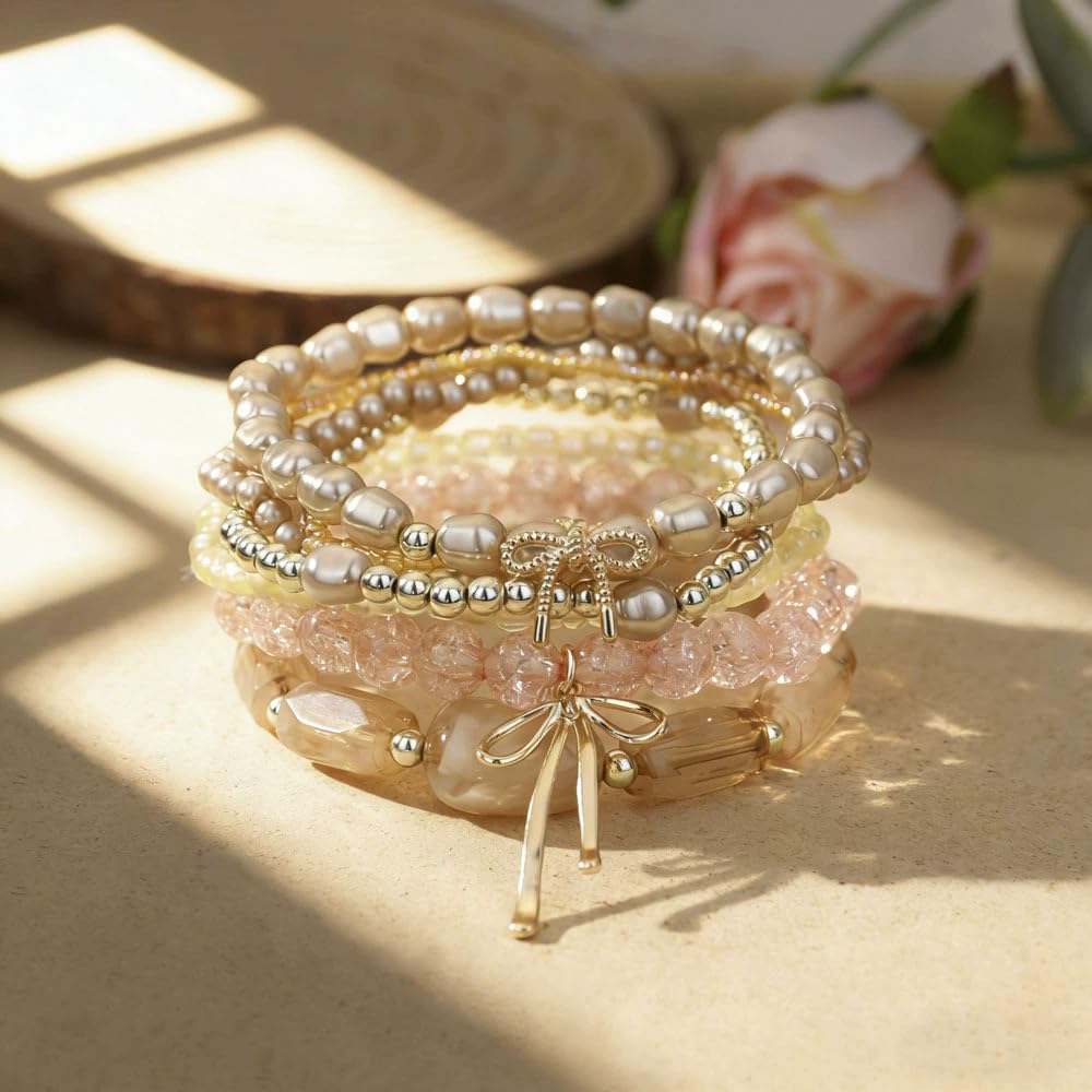 ChungLong0593 Cute Bow Charm Stackable Beaded Bracelet Set - Layer Pearl & Crystal Stretch Bracelets for Women, Sweet Multi-strand Boho Bracelet Jewelry (Gold)