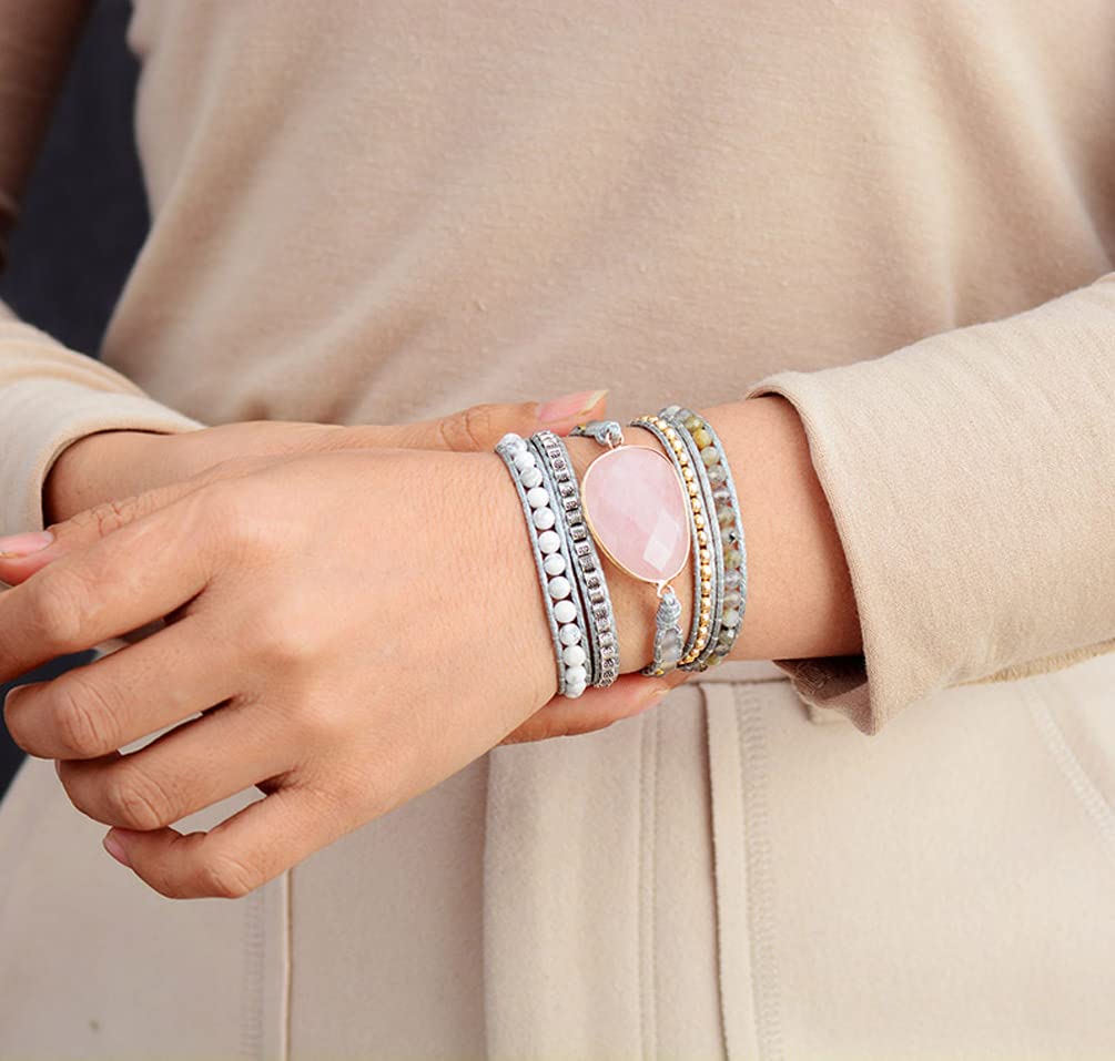 ZOSOJONA Women Wrap Bracelet Boho Natural Jasper Crystal Stone Beads Strand Bracelets (Pink Quartz)