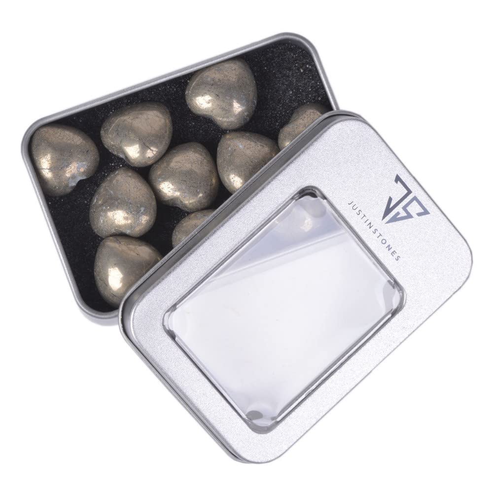 Natural Pyrite Gemstone Healing Crystal 0.8" Mini Puffy Heart Pocket Stone Iron Gift Box (Pack of 10)