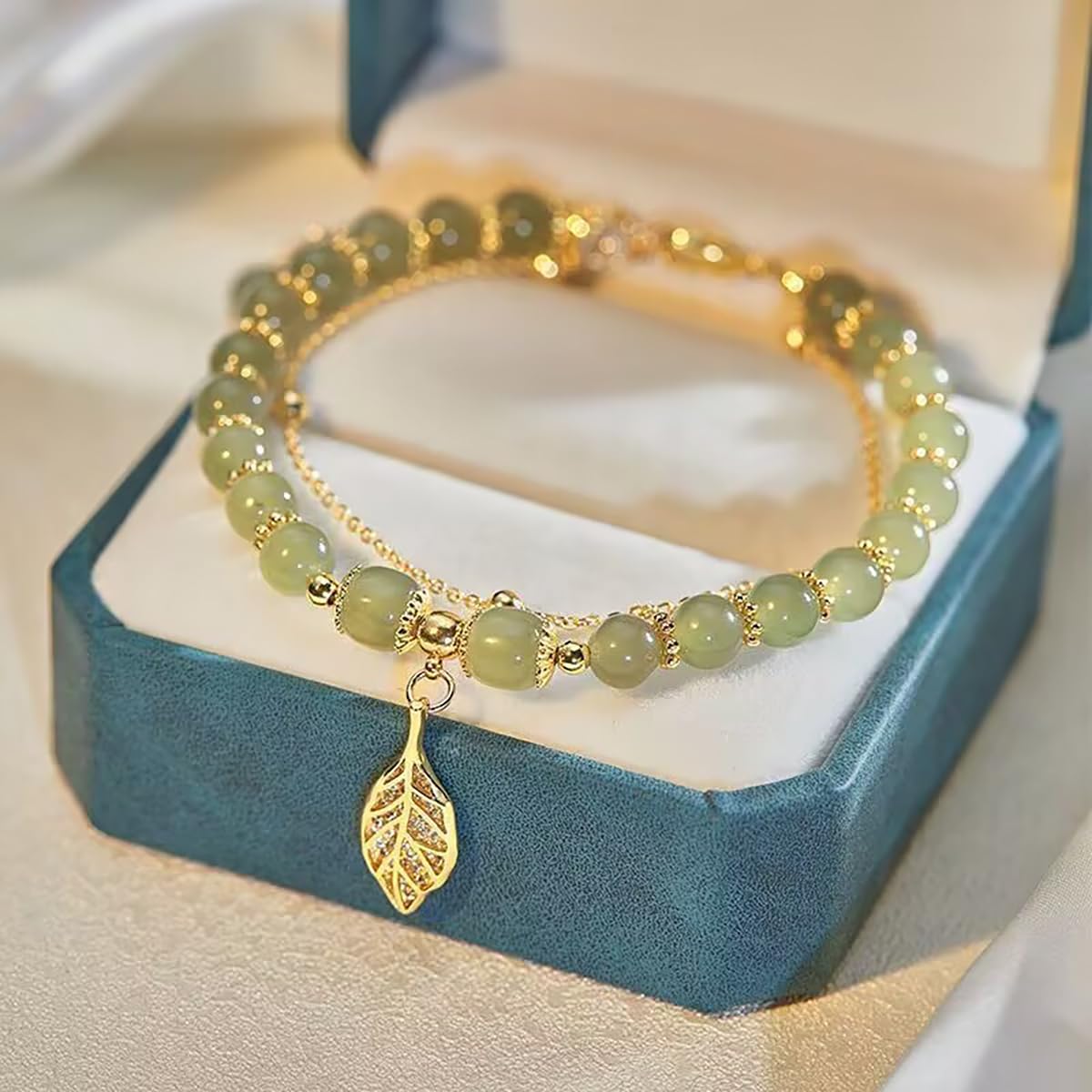 Jade Bracelet for Women Gold Leaf Peanut Apricot Leaves Bracelet Dainty Beaded Jade Bracelet Adjustable Double Layer Bracelet Lucky Green Jade Jewelry (Leaf)
