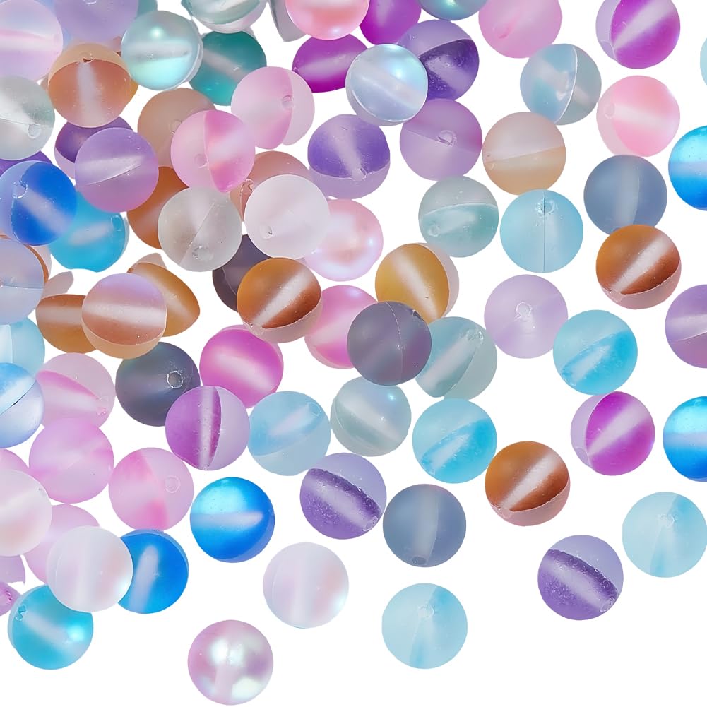 PONABEADIY 1 Box 135PCS 8MM Rainbow Round Moonstone Beads with Holes Blue Pink Green Orange Matte Assorted Gemstone Stone Spacer Loose Bead Bulk for Jewelry Making Necklace Bracelet DIY Craft Supply