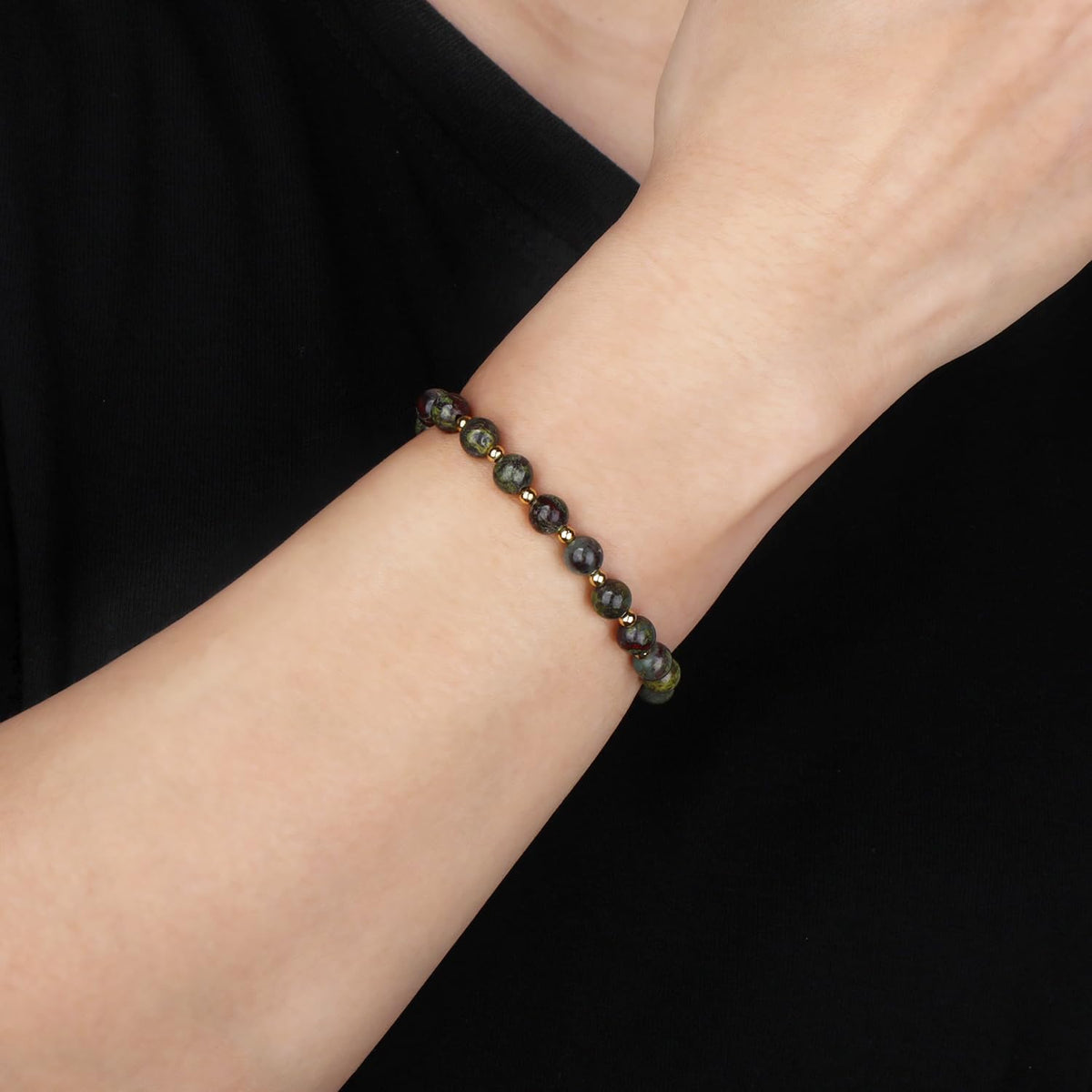 QOGIR Dragon Bloodstone - Strength and Courage - 14K Gold Plated Beads Natural Gemstone Stretch Elastic Dainty Healing Beaded Bracelets Gifts 6mm