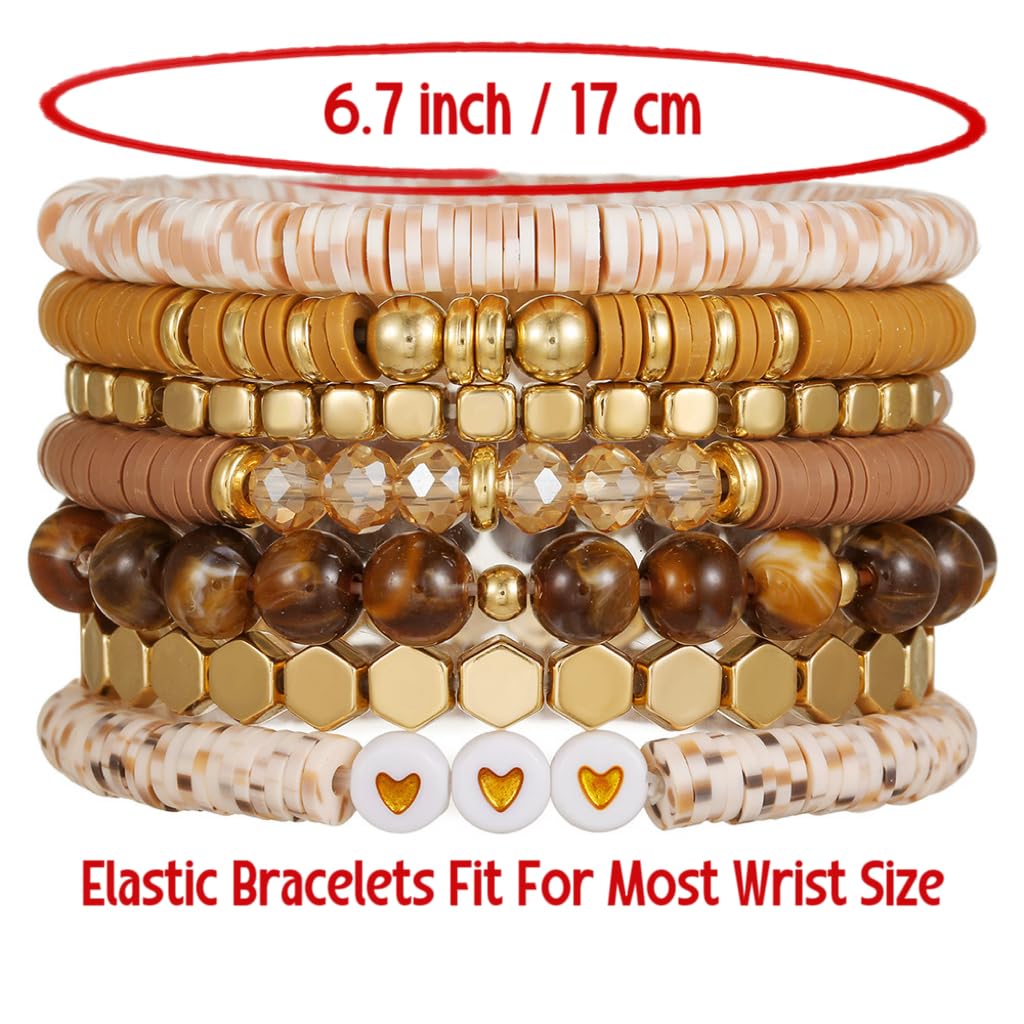 YEOSMINE Boho Heishi Clay Beaded Stretch Bracelets Stack For Women, Preppy Teens Friendship Gold Bracelets Cute Beach Surfer Accessories Bulk Set Trendy Fashion Jewelry