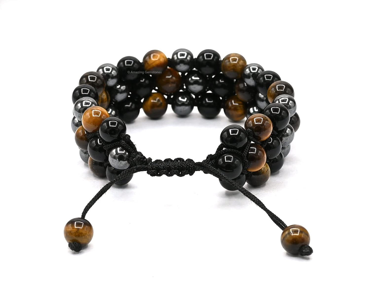 Amazing Gemstone Triple Protection Bracelet - Hematite Black Obsidian Tiger Eye Bracelet Set for Men Women Healing Calming Anxiety Stress Relief Gifts Stocking Stuffer (Adjustable, 3 Layer)