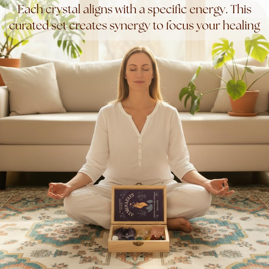 Atminafays Large Premium Crystals and Healing Stones in Wooden Gift Box + Velvet Pouch + 7 Chakra Tumbled Gemstones+Info Guide, Amethyst Cluster,Rose Quartz ,Quartz Crystal Point