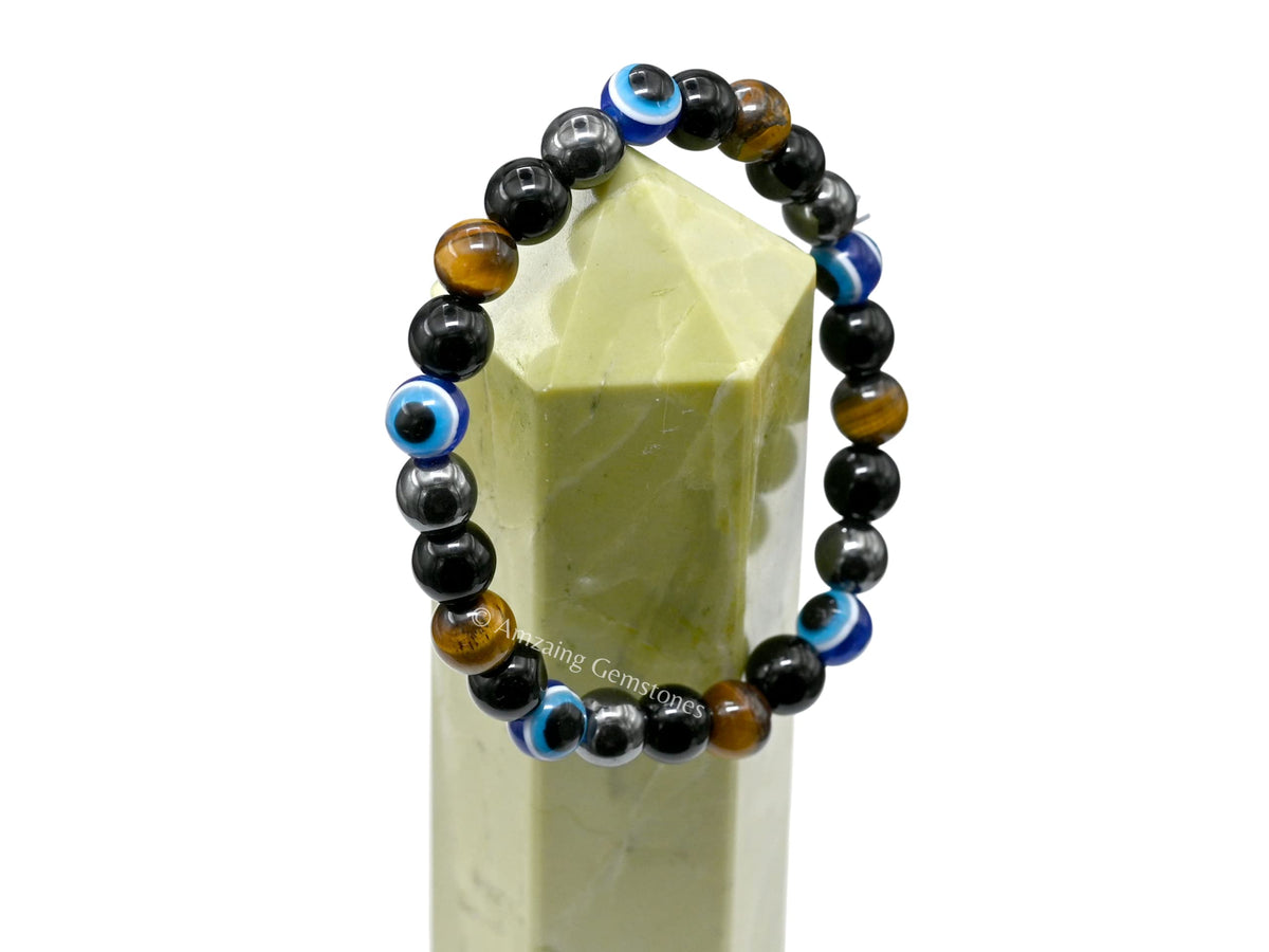 Amazing Gemstone Ultimate Triple Protection Bracelets for Men Women, Evil Eye Bracelet for Protection, Tiger Eye Bracelet, Hematite, Black Obsidian Mens Bracelet, Bad Energy Protection