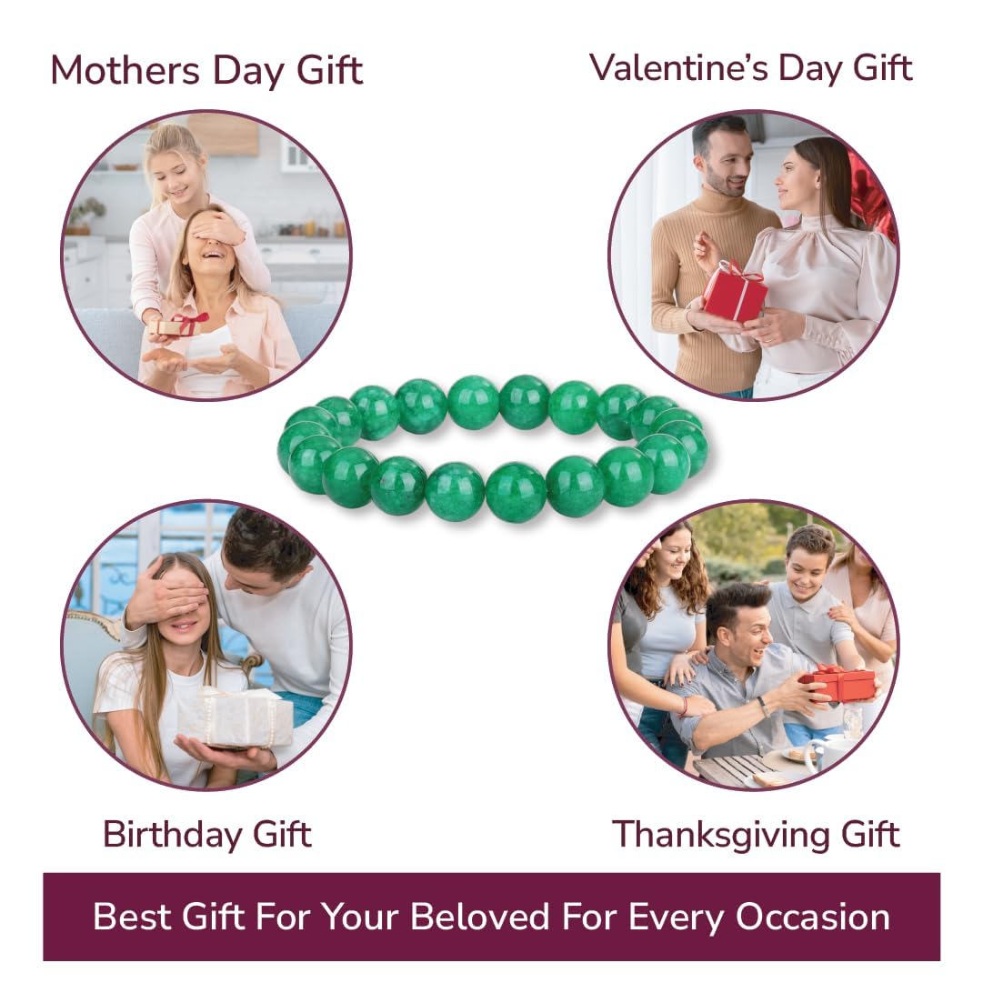 Green Jade Bracelet for Women | Natural Real Jade Crystal Beaded Stretch Bracelet 10mm | Gift for Her Luck Prosperity Healing Gemstone Jewelry