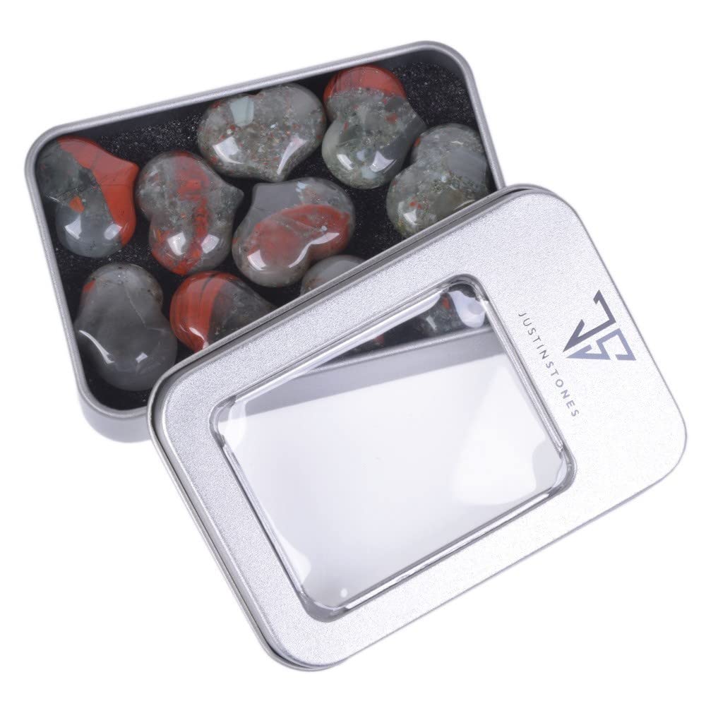 Natural African Bloodstone Gemstone Healing Crystal 1 inch Mini Puffy Heart Pocket Stone Iron Gift Box (Pack of 10)