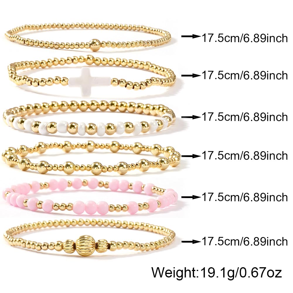 SHINUS BOHO Cross Gold Beaded Bracelet Stack for Women,Bohemian Stretch White Pink Beads Stackable Bracelets Set Fashion Prom Party Accessories Jewelry Gift Friendship