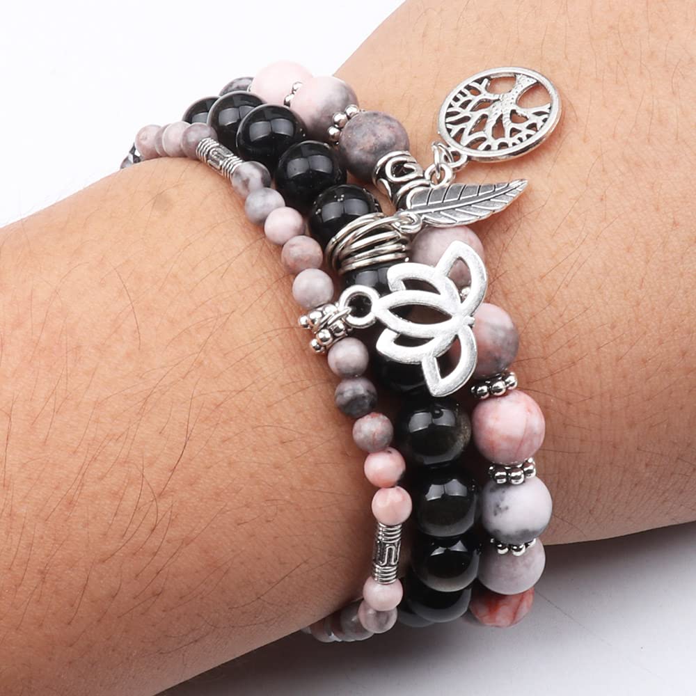 UEUC Tree of Life Yoga Healing Stone Bracelets, Multilayer Lotus Chakra Stone Reiki Bracelet Sets, Anxiety Crystal Natural Stone,for Women Stress Relief(#131)