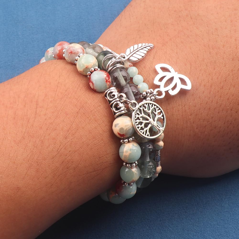 UEUC Tree of Life Yoga Healing Stone Bracelets,Multilayer Lotus Chakra Stone Reiki Bracelet Sets,Anxiety Crystal Natural Stone,for Women Stress Relief(#155)