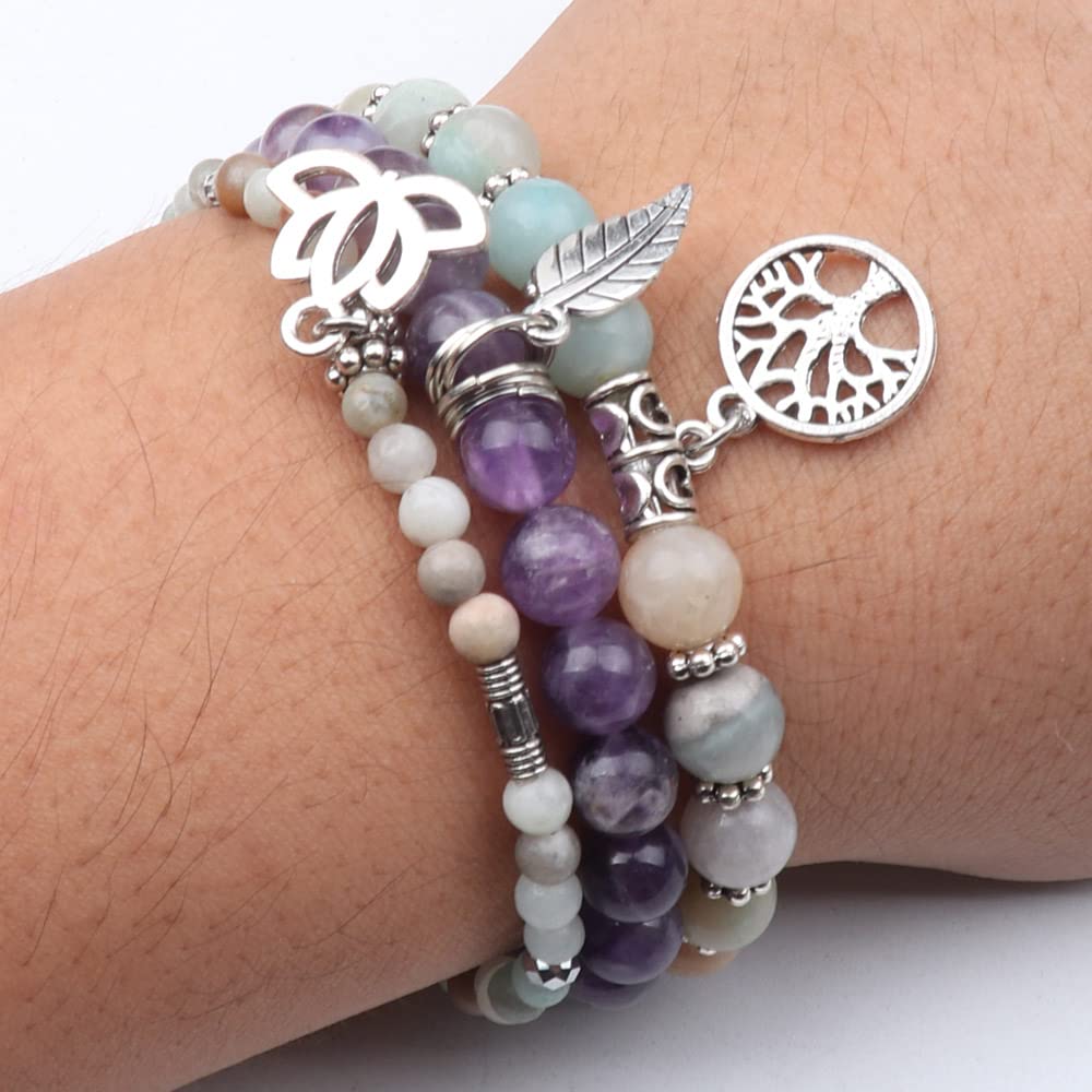 UEUC Tree of Life Yoga Healing Stone Bracelets, Multilayer Lotus Chakra Stone Reiki Bracelet Sets, Anxiety Crystal Natural Stone,for Women Stress Relief(#135)