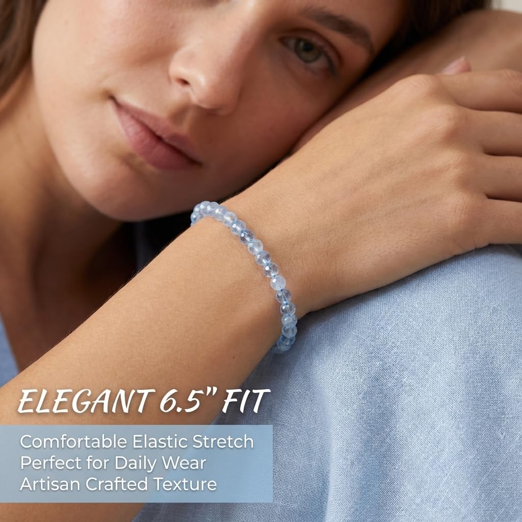 Angelstones Natural Aquamarine Gemstone Stretch Bracelet, 4mm Faceted Round Beads, Crystal Healing for Women