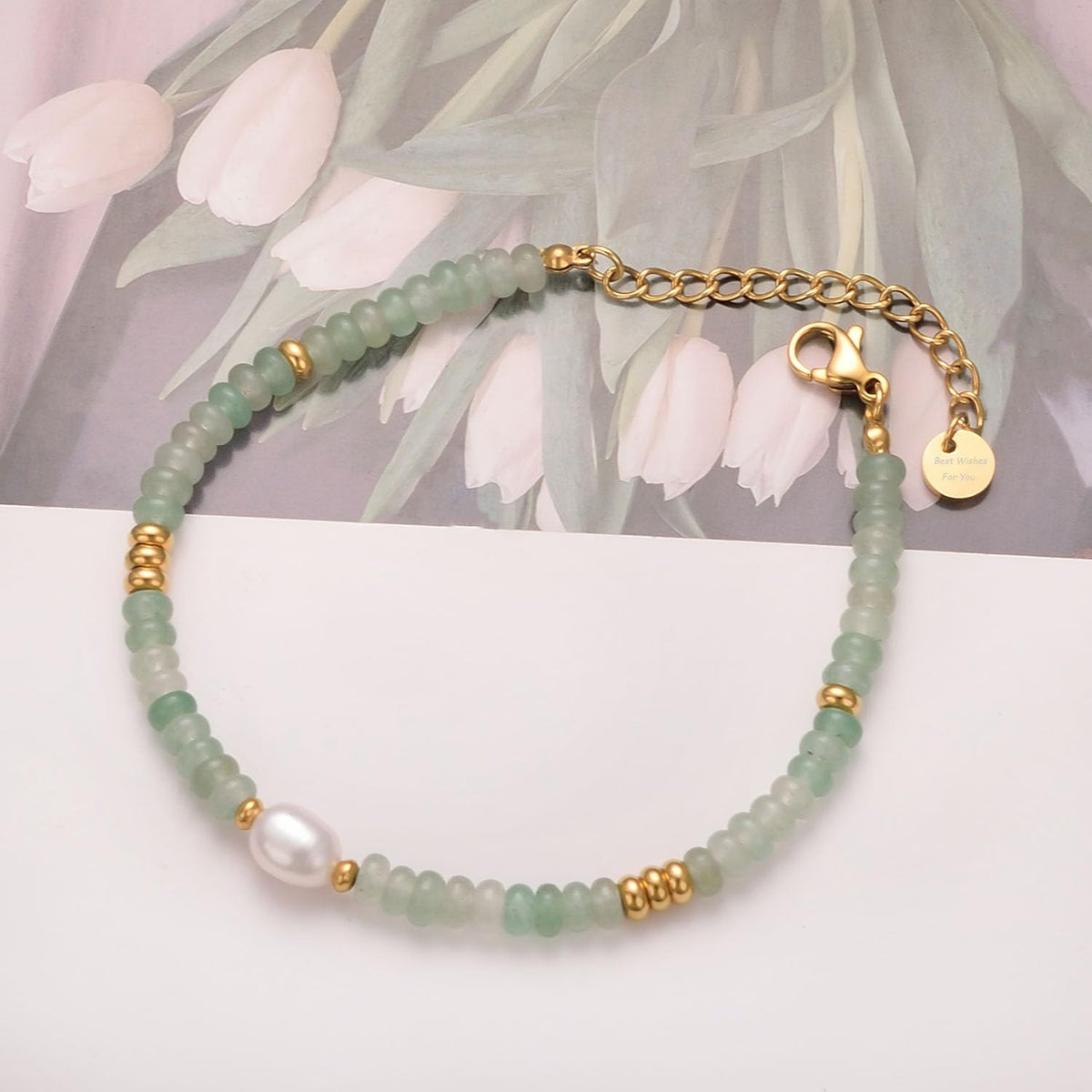 vissen Green Natural Stone Bracelet for Women with White Pearl Gold Plated Beaded Adjustable Dainty Jewellery