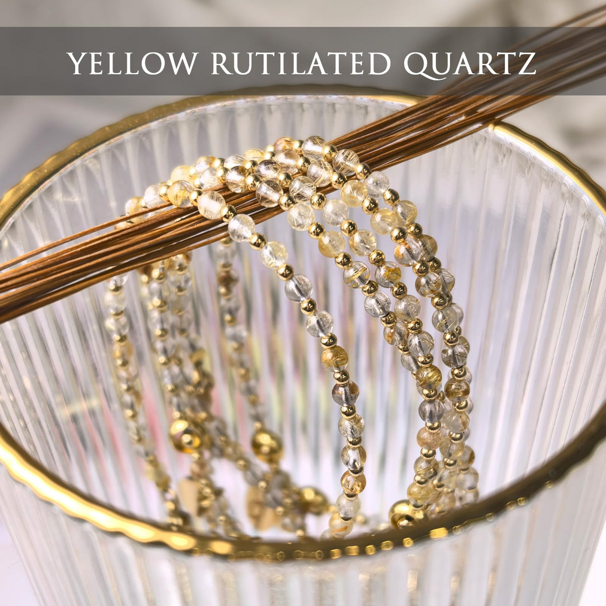 Morchic 3mm Yellow Rutilated Quartz Natural Gemstone Beaded Bracelet for Women, Dainty Charm Jewelry, Adjustable 7.1-8.6", Ideal Birthday Holiday Gift
