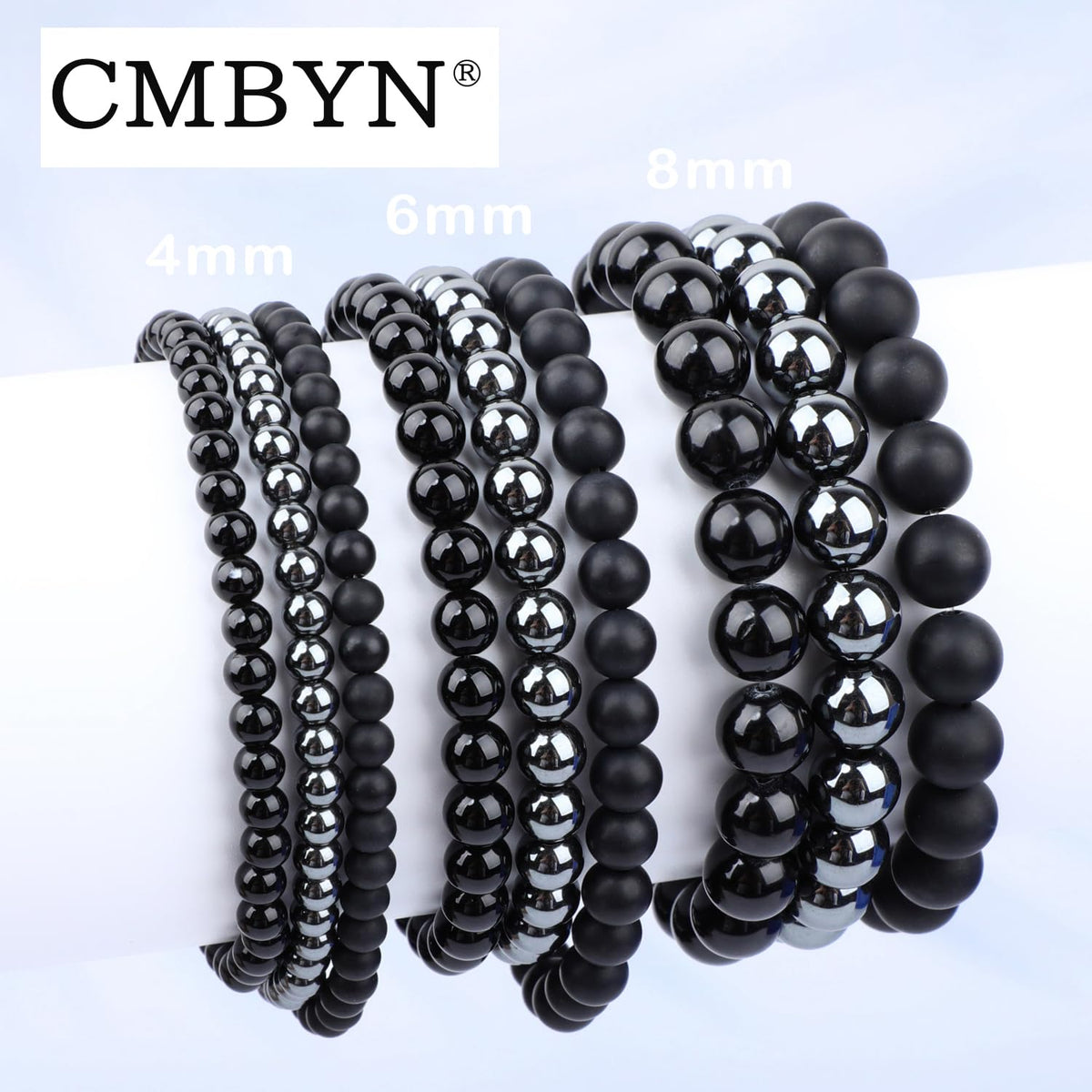 CMBYN 3-Pieces 4mm Natural Crystal Gemstone – Black Onyx, Hematite, Matte Black Agate Handmade Reiki Energy Healing Stretch Bracelets Jewelry for Yoga, Meditation, Unisex