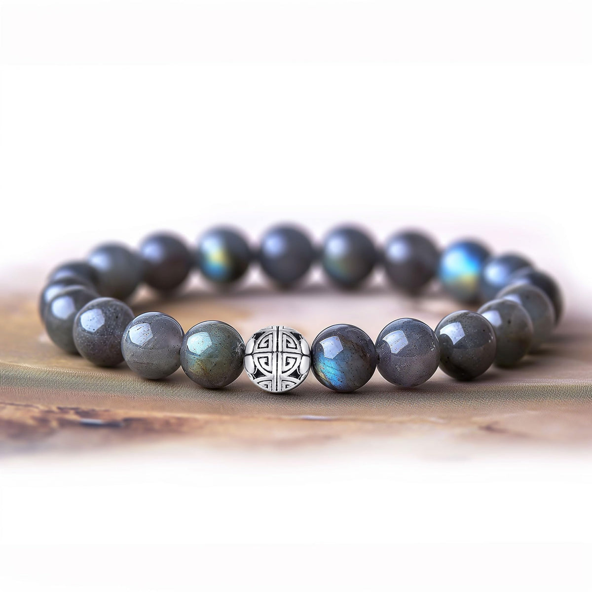 MetJakt Healing Crystals Beaded Bracelets for Womens Natural Gemstone 8mm Beads Stretch Bracelets with 925 Sterling Silver Double Happiness Pendant (Labradorite AAA)