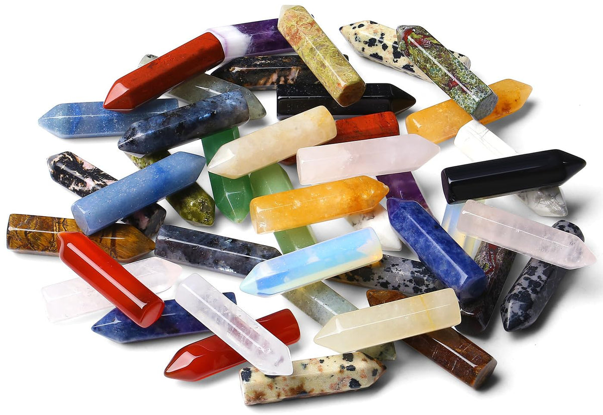 QINJIEJIE 42PCS Crystals Wands Stones Set Crystal Points Rose Quartz Amethyst Tiger Eye Bulk Gemstone Hexagonal Polished Gems Natural Reiki Chakra Stone for Energy Balancing Meditation Witchcraft Gift