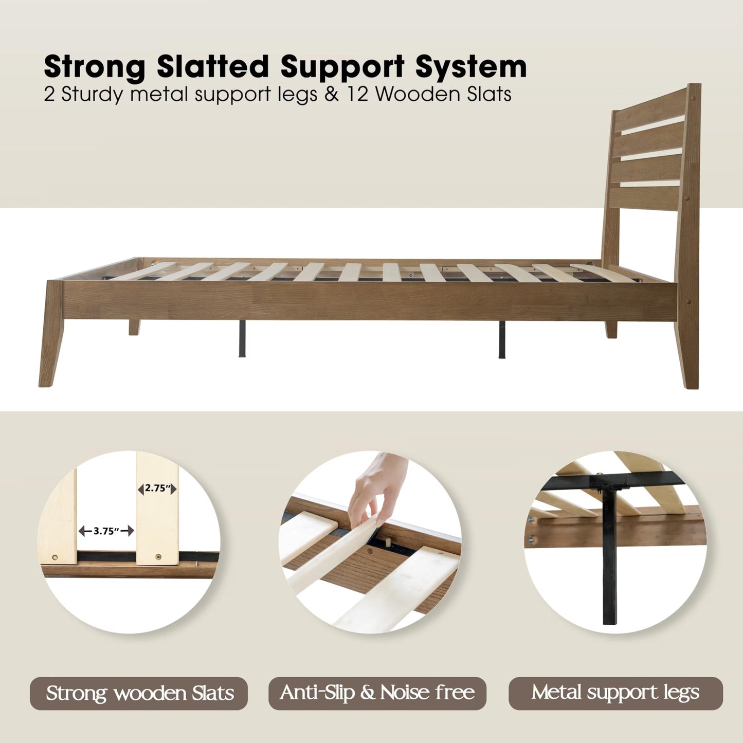 Queen Size Bed Frame, Solid Wood Platform Bed with Headboard & Footboard, Center Metal Legs, 12 Strong Slatted Base, No Box Spring Needed, Anti-Noise & Slip-Free Easy Assembly, Barnwood Finish RKQ-30