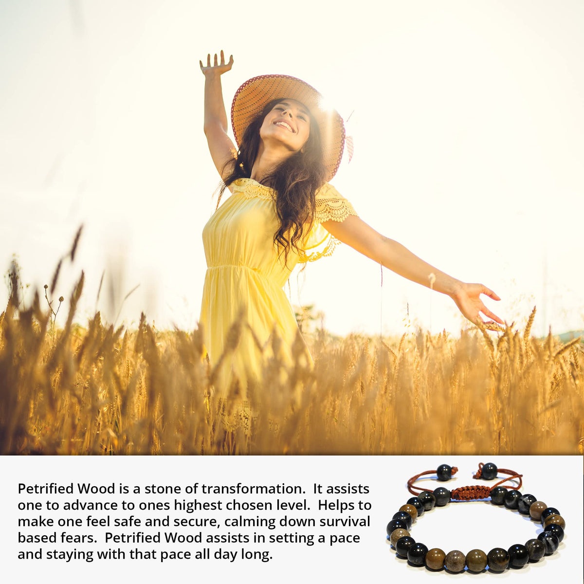 ANAYA AGATE Healing Crystal Bracelet – Chic Gemstone Bracelet for Men and Women – 8mm Round Bead Bracelets for Spiritual Healing, Protection, Positive Energy - Petrified Wood