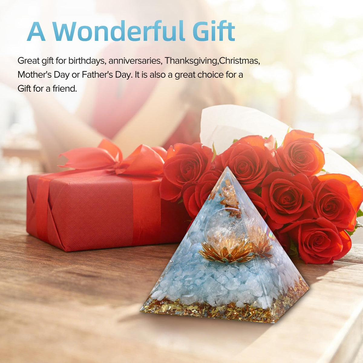 Hopeseed Orgone Pyramid for Positive Energy, Orgonite Natural Blue Quartz&White Crystal Healing Crystals Pyramid for Reduce Stress Chakra Reiki Healing Meditation Cleanses the Mind Boosts Confidence