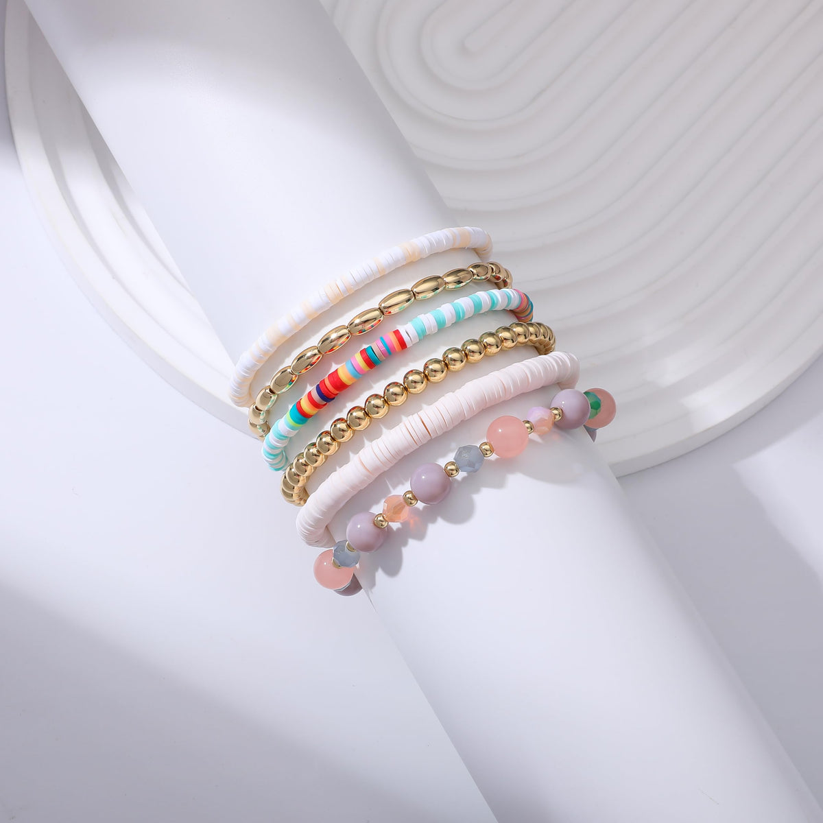RISHEGAE Heishi Beaded Stretch Bracelets for Women Stackable Polymer Clay Beads Bracelets Friendship Boho Summer Beach Bracelet Jewelry Set (F-Colorful Bead)