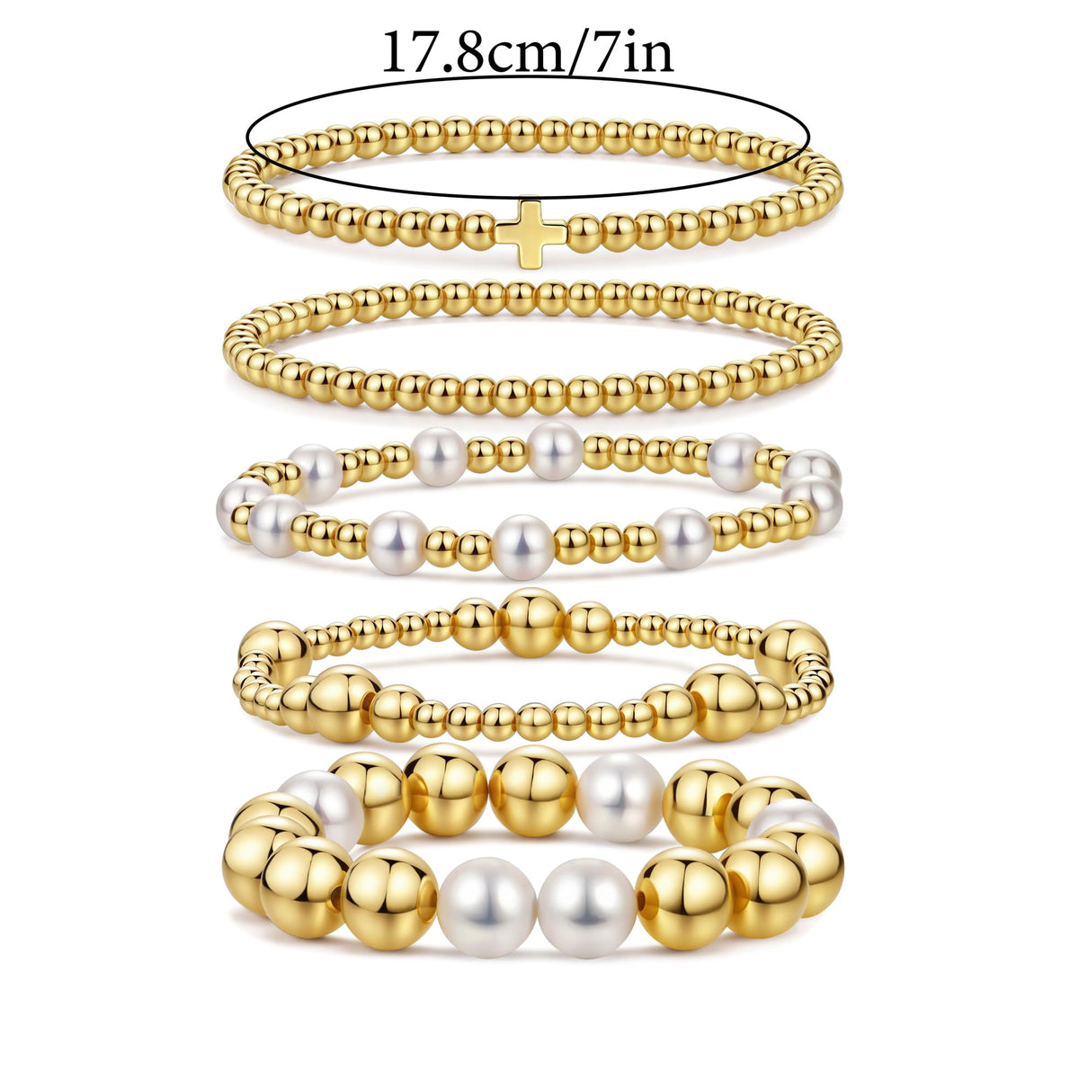 Qiuseadu Chunky Gold Beaded Stack Bracelets Beads Ball Cross Colorful Statement Bracelets Set for Women (Classic Gold Cross)