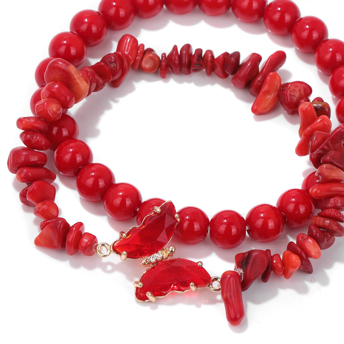 GolbalJew Red Coral Stone Bracelet for Women Healing Crystal Beaded Bracelets Red Gemstone Beads Stretch Bracelet Butterfly Charms Jewelry Women Gift