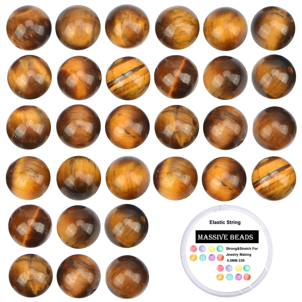80Pcs Natural Crystal Beads Stone Gemstone Round Loose Energy Healing Beads with Free Crystal Stretch Cord for Jewelry Making (Yellow Tiger Eye, 10mm)