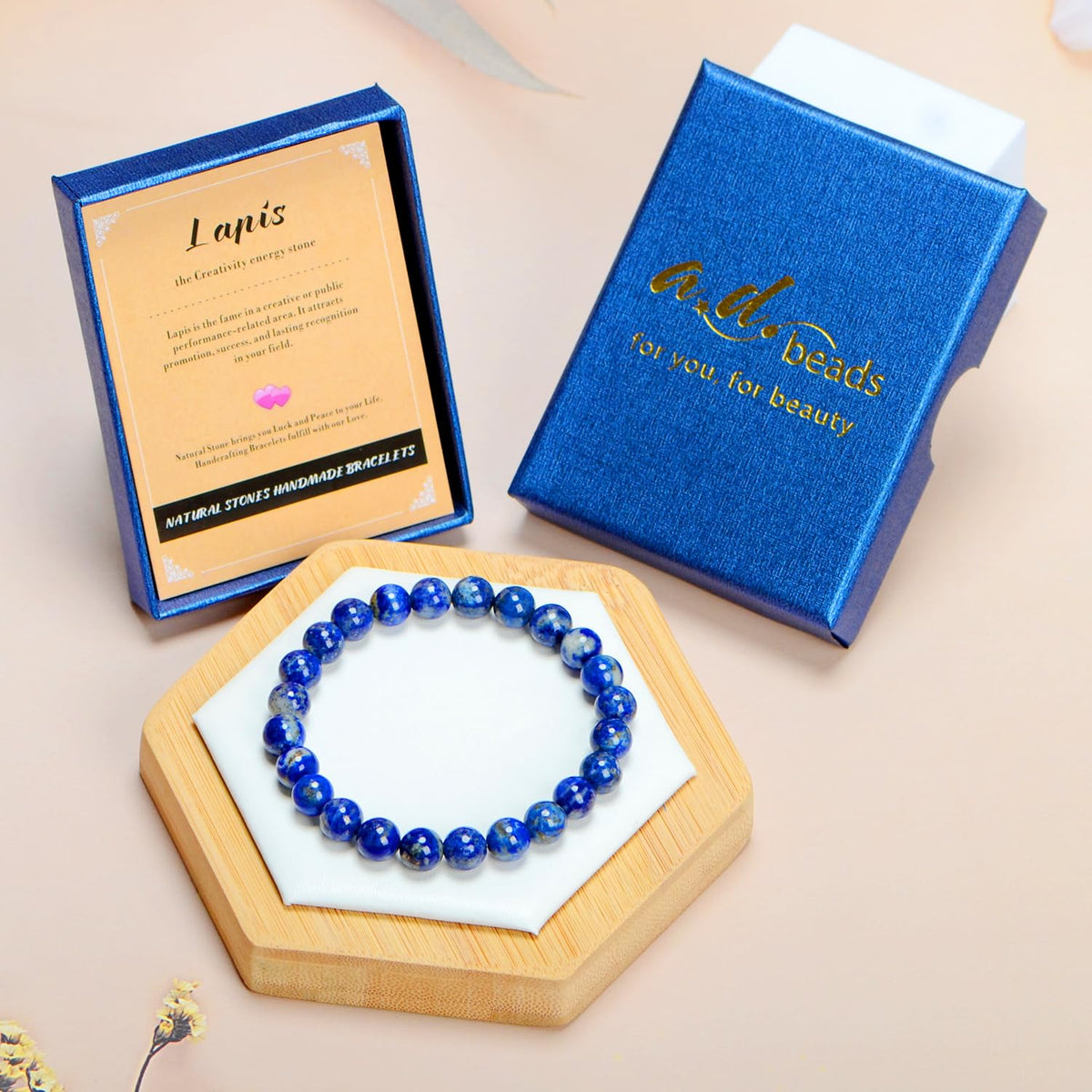 AD Beads Handmade Gemstone Stretch Elastic Bracelet Crystal Healing Reiki Nature's Beauty and Spiritual Essence Unisex (6mm, Lapis Lazuli)