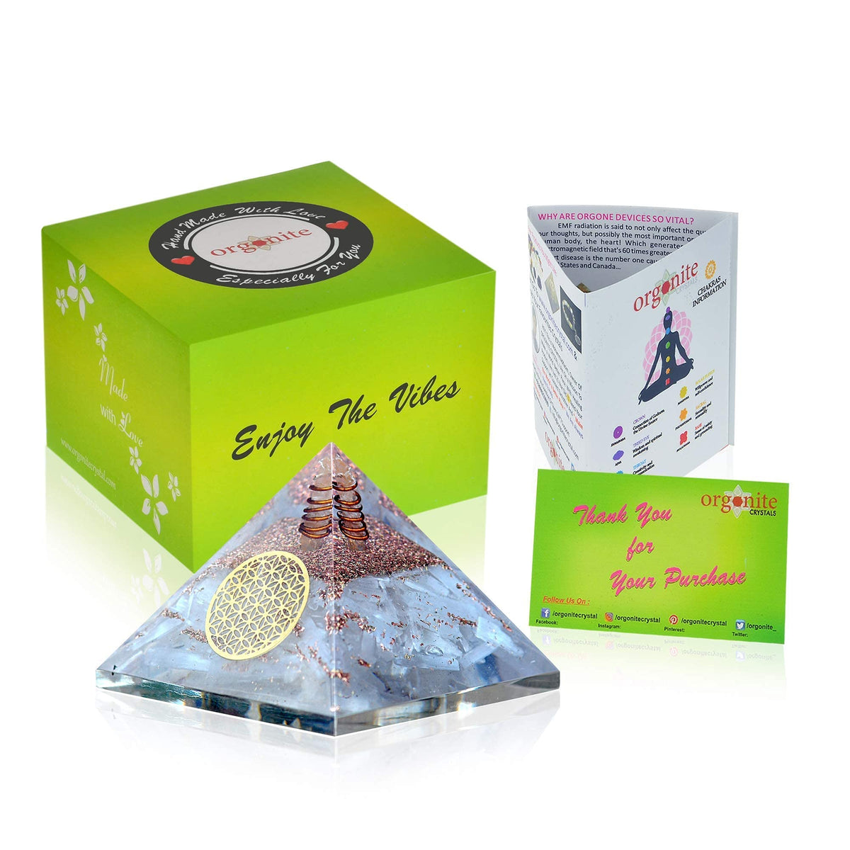 Orgone Selenite Crystal Pyramid with Flower of Life –for Chakra Healing and Spiritual Protection from E-emission and Negative Energy
