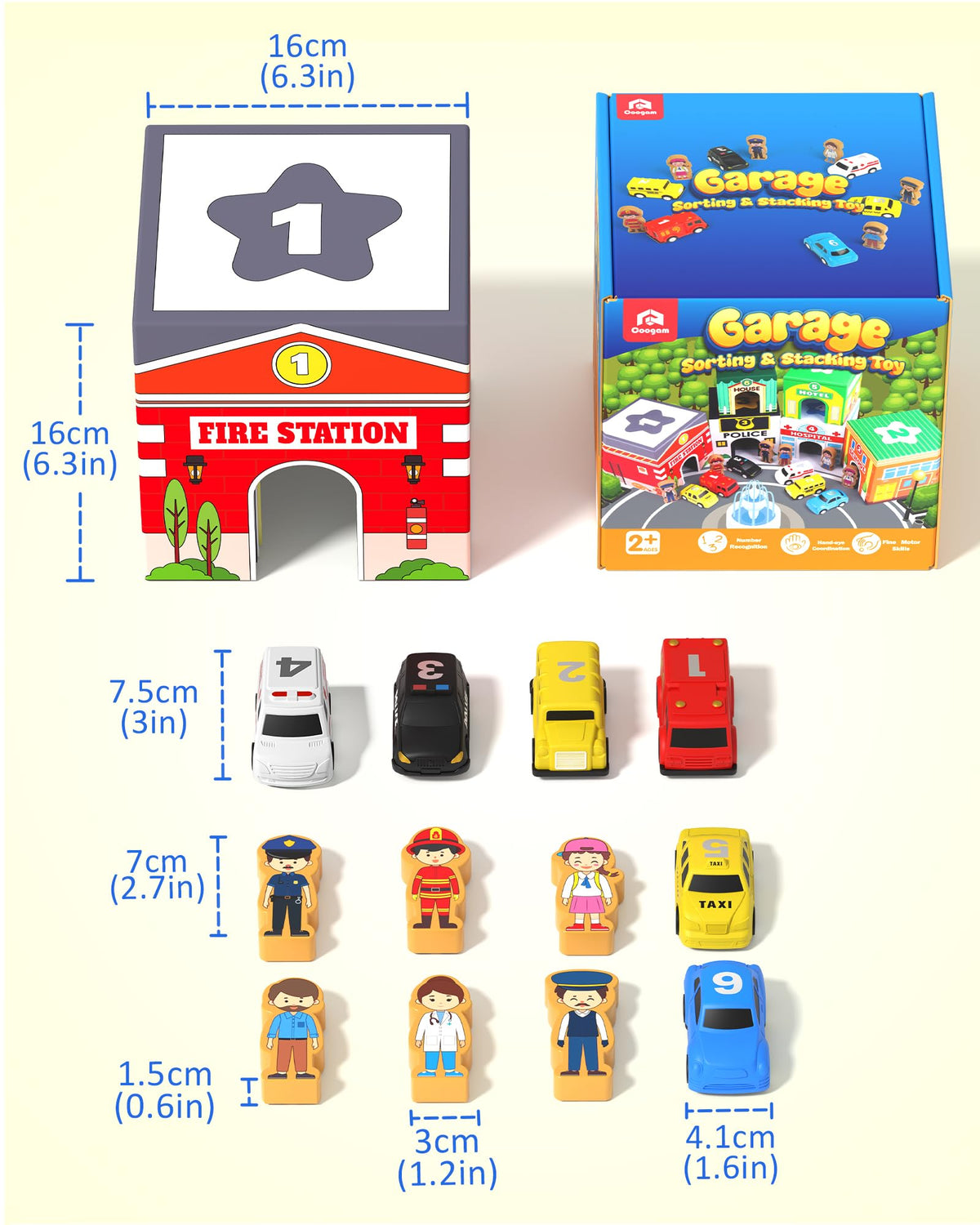 Coogam Montessori Sorting & Stacking Blocks with Nesting Garages Cars, Stackable Number Boxes for Toddlers Learning Community Helpers, Preschool Educational Toy Gift for 2 3 4 Year Old Baby