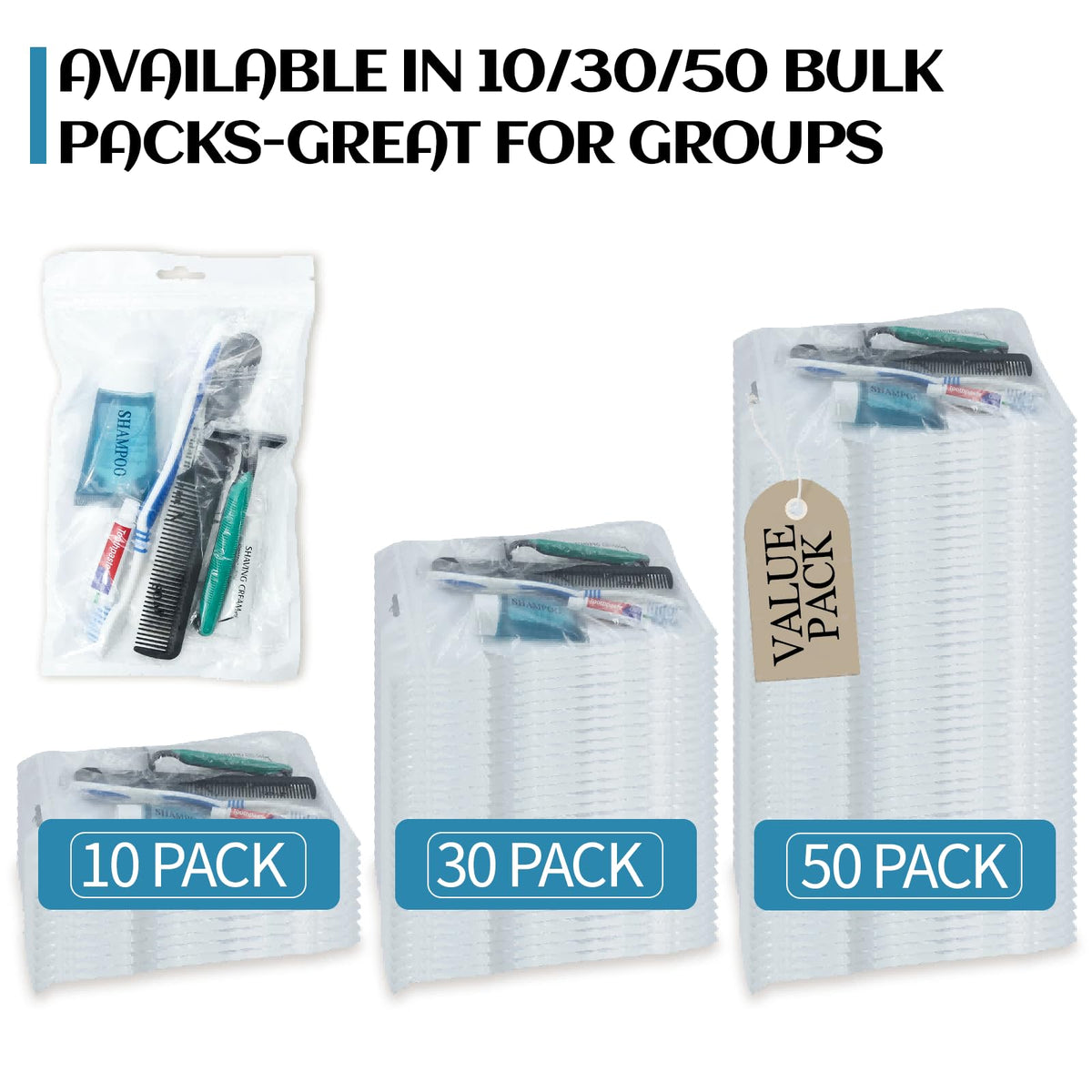 10 Pack Travel Hygiene Kits, 8-in-1 Personal Toiletry Kit -Toothbrush, Toothpaste, Comb, Flossers, Shampoo, Soap, Razor & Shaving Cream, Individually Packed for Travel, Guest Rooms,Vacation Rentals