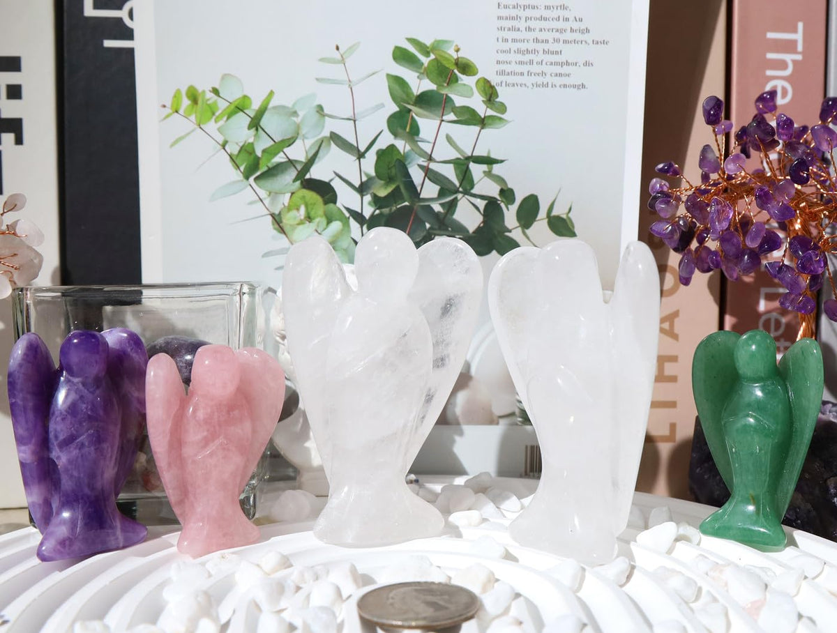 QINJIEJIE 3" Quartz Crystal Angel Decor Healing Statue - Polished Gemstone Big Guardian Angels for Office, Desk, Room - White Crystal Decorations, Spiritual Gifts