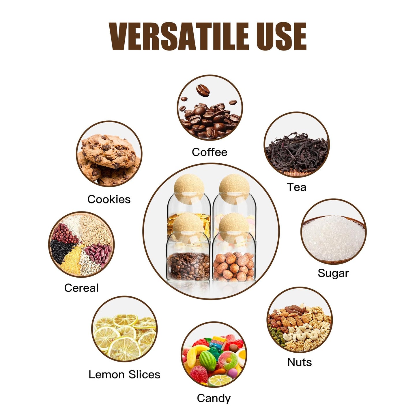 4PCS Glass Jar Storage Container with Ball Cork, 500ML/17Oz Food Storage Containers Clear Wood Cork Bottle Candy Jars Coffee Canister for Beans Nut Sugar Spices Seasonings Kitchen Organizer Christmas