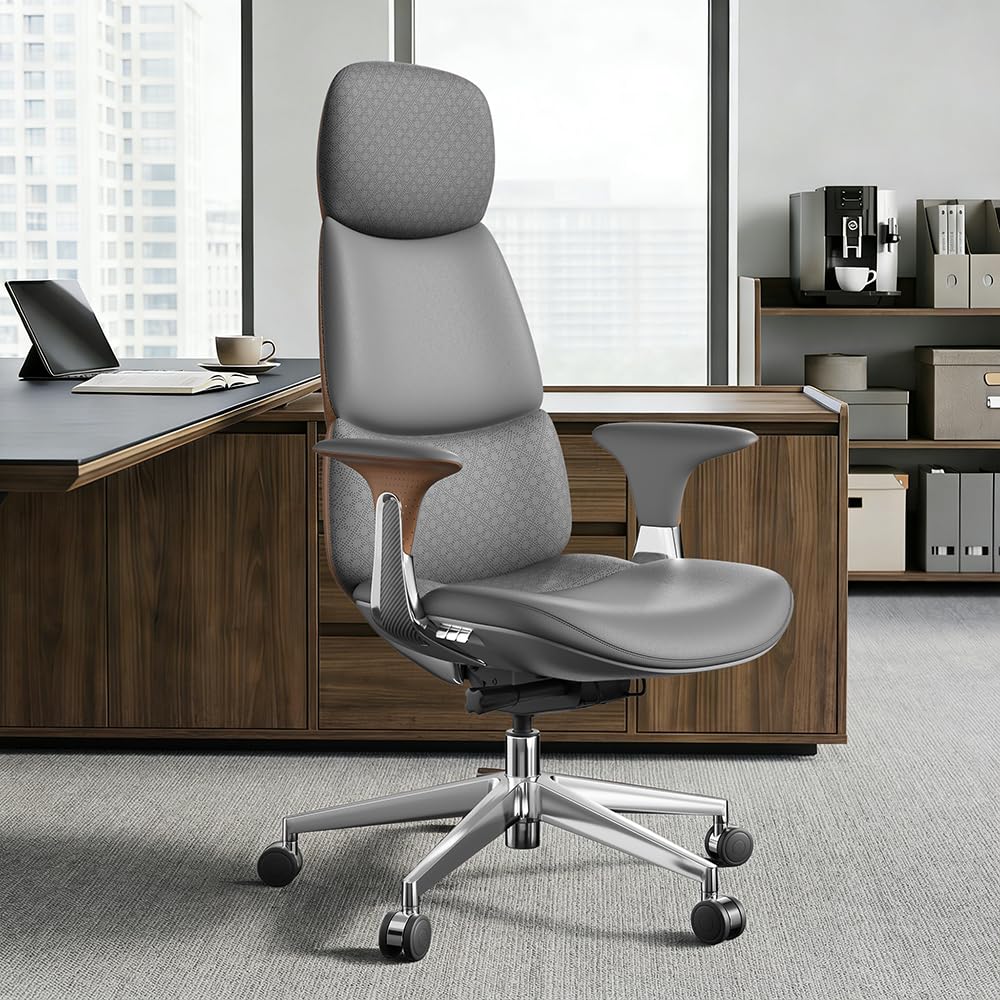OMIDI Nyla Executive Office Chair - Genuine Leather Ergonomic High-Back Desk Chair with Adjustable Lumbar Support, Tilt Lock, Executive, Home Office, Gray, Litchi Grain