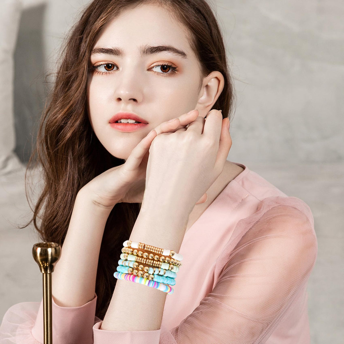 GOOJIDS Surfer Heishi Clay Bead Bracelets for Women Bohemian Stackable Gold Plated Beaded Stretch Bracelets Elastic Layering Friendship Bracelets Set Boho Jewelry