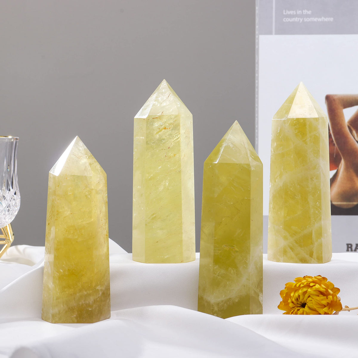 Runyangshi Large Citrine Natural Healing Crystal Wand 4.72"-5" Blue-Veins Stone Quartz Tower 6 Faceted Single Point Crystals Prism Wand for Meditation Reiki Chakra Therapy Home Decor Gift