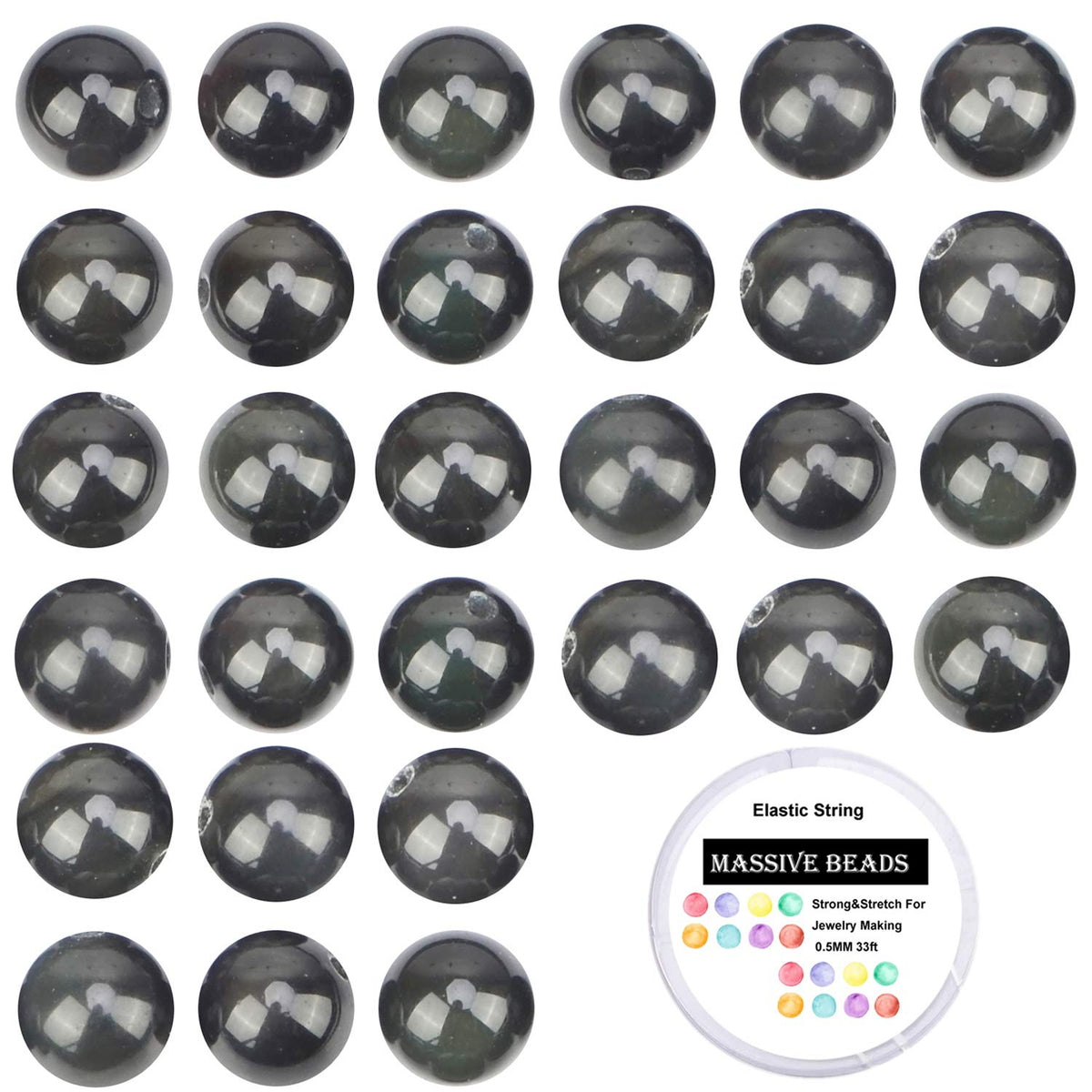 100Pcs Natural Crystal Beads Stone Gemstone Round Loose Energy Healing Beads with Free Crystal Stretch Cord for Jewelry Making (Black Obsidian, 8MM)