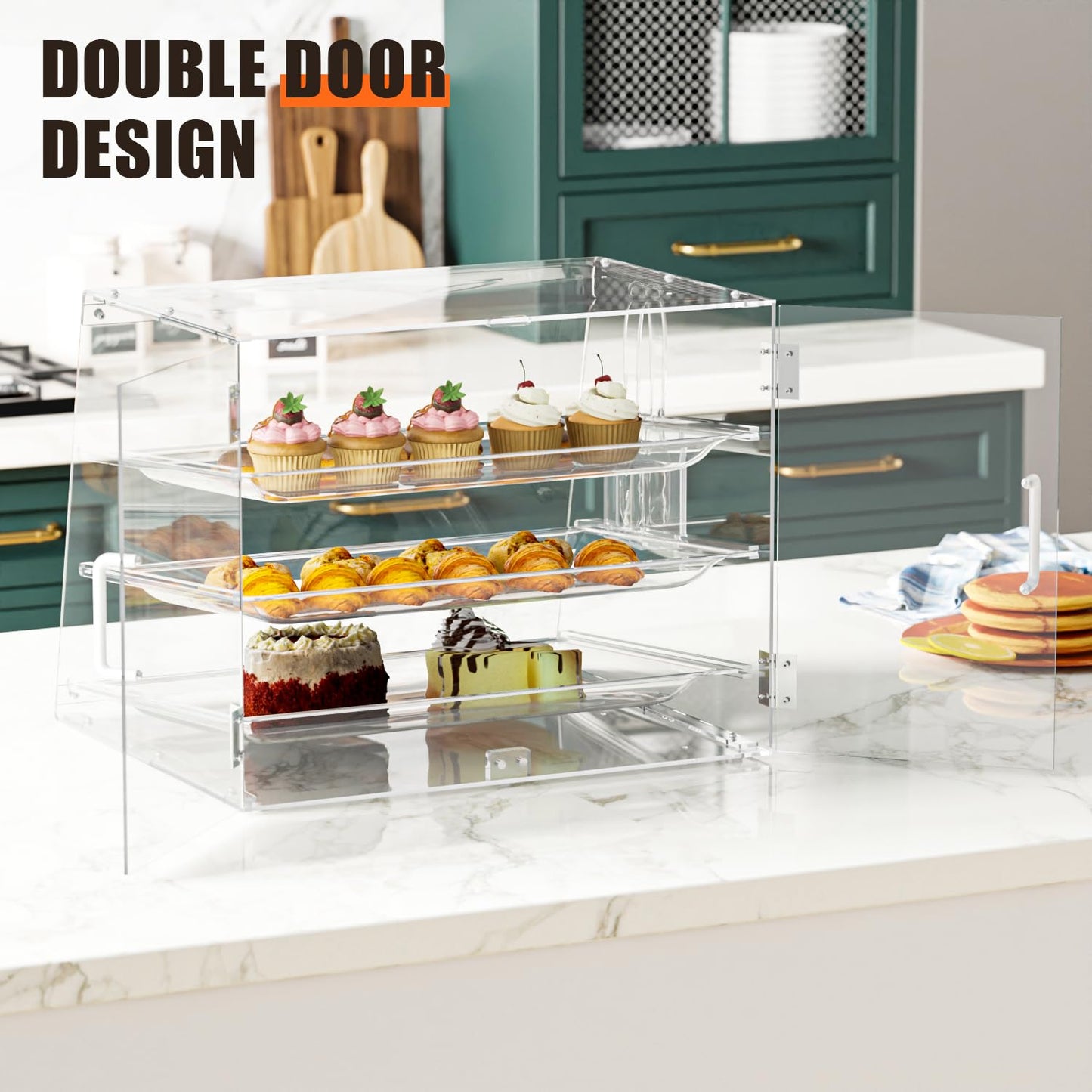 2PCS 20.9”W x 17.3”D x 16.7”H ,3-Tray Bakery Display Case, Acrylic Clear Display Case Countertop for Bread Pastry Dessert Food Cookie Display, Display Cabinet Box for Baking Enthusiasts